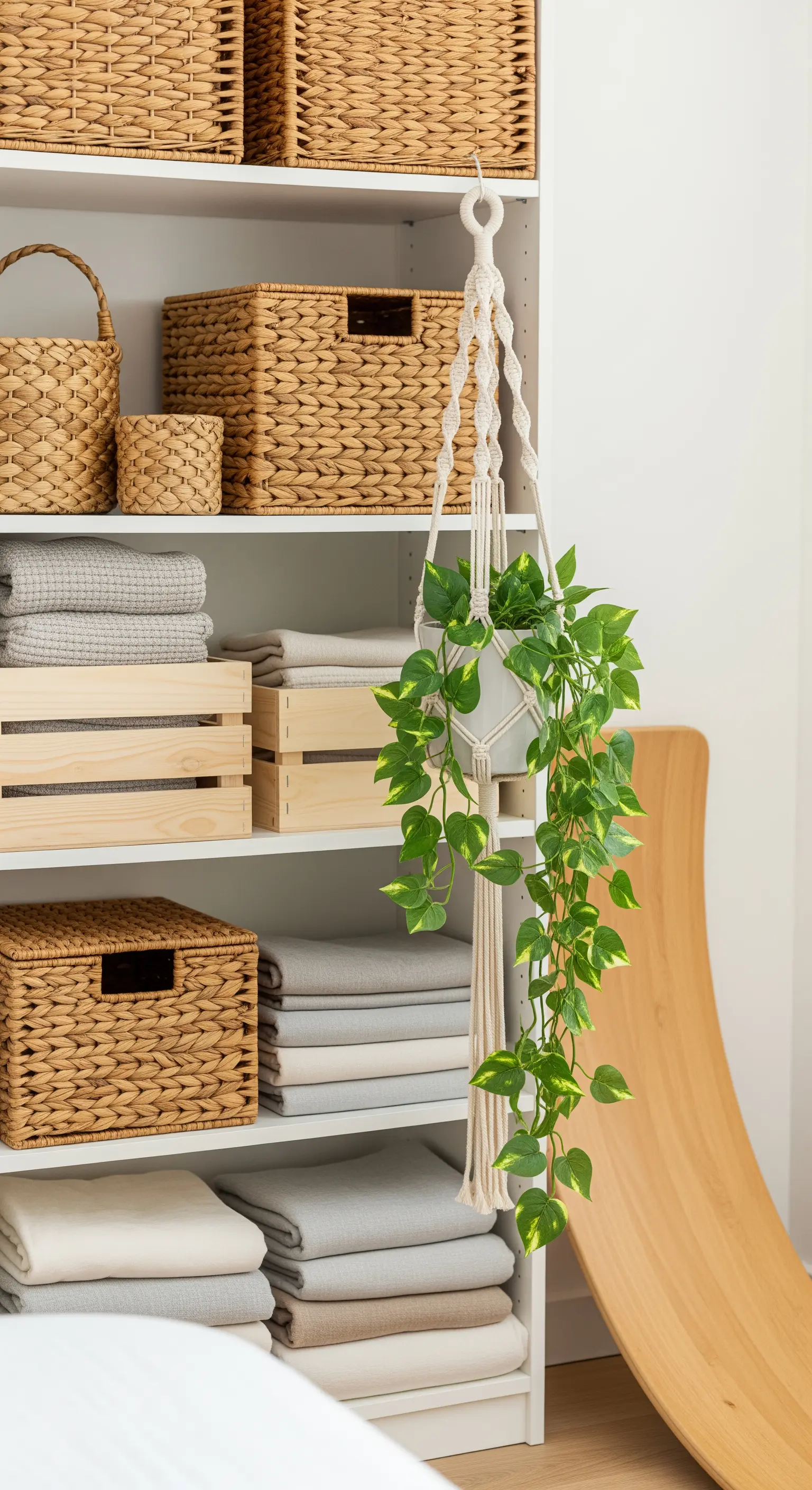 Hängepflanze im Makramee-Halter am weißen Regal