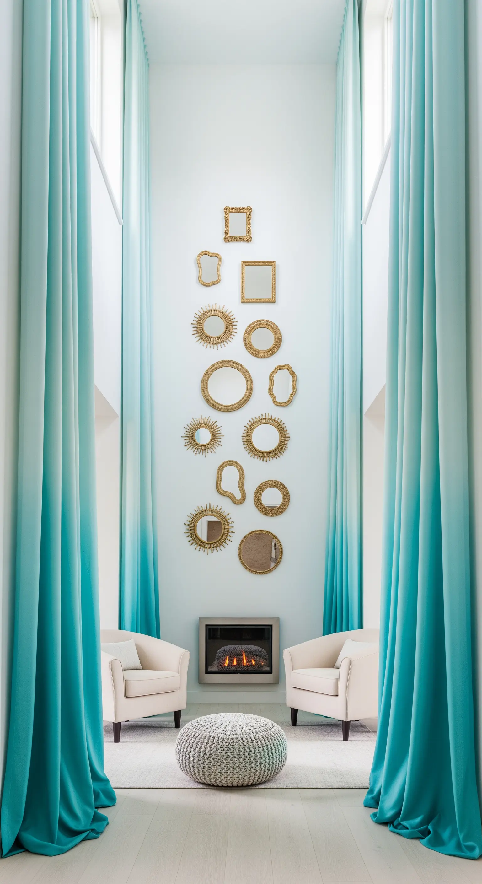 Hoher Raum mit langen türkisen Vorhängen und Spiegelgalerie