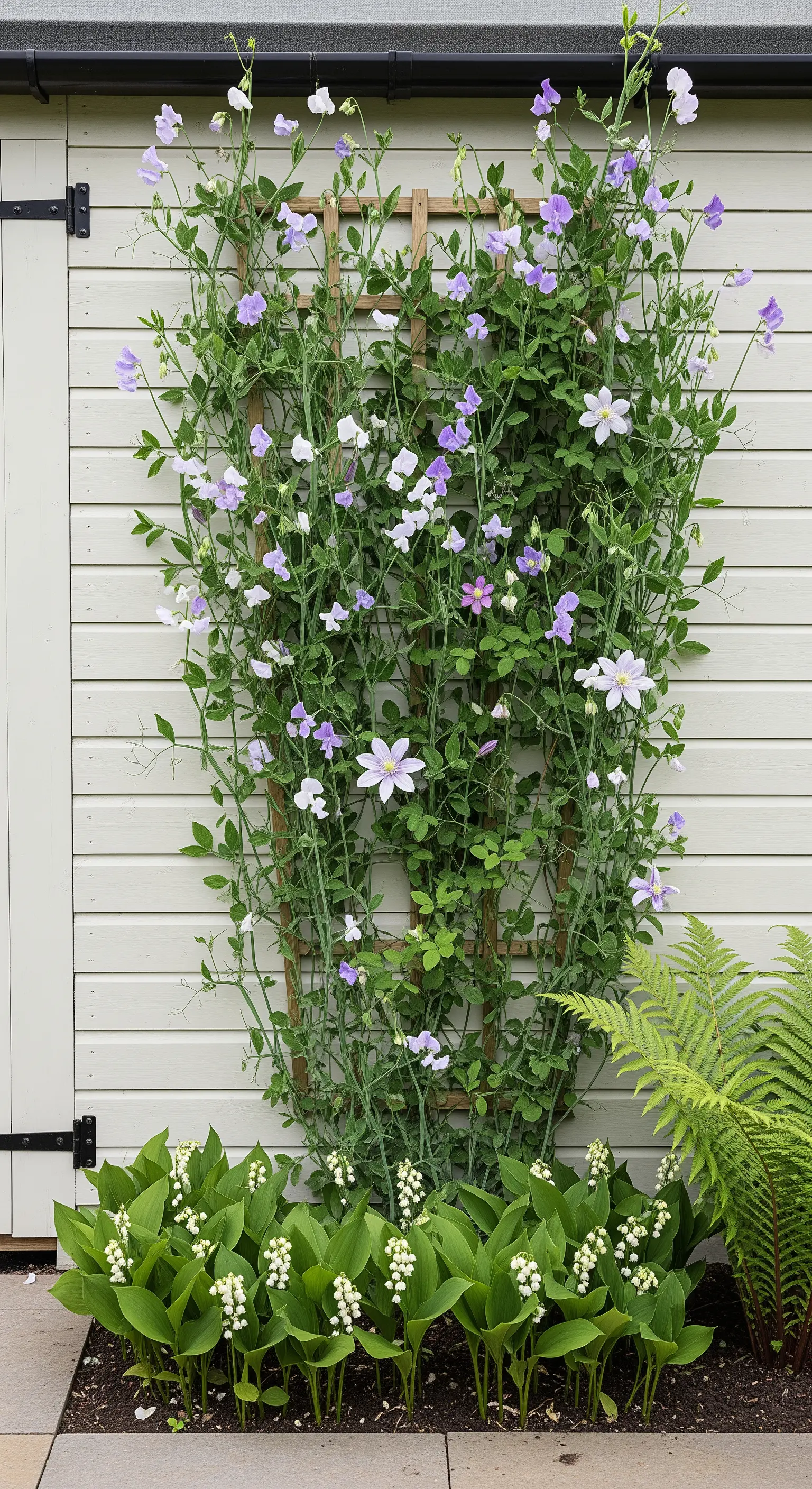 Holzschuppenwand mit Rankgitter und kletternden Wicken und Clematis