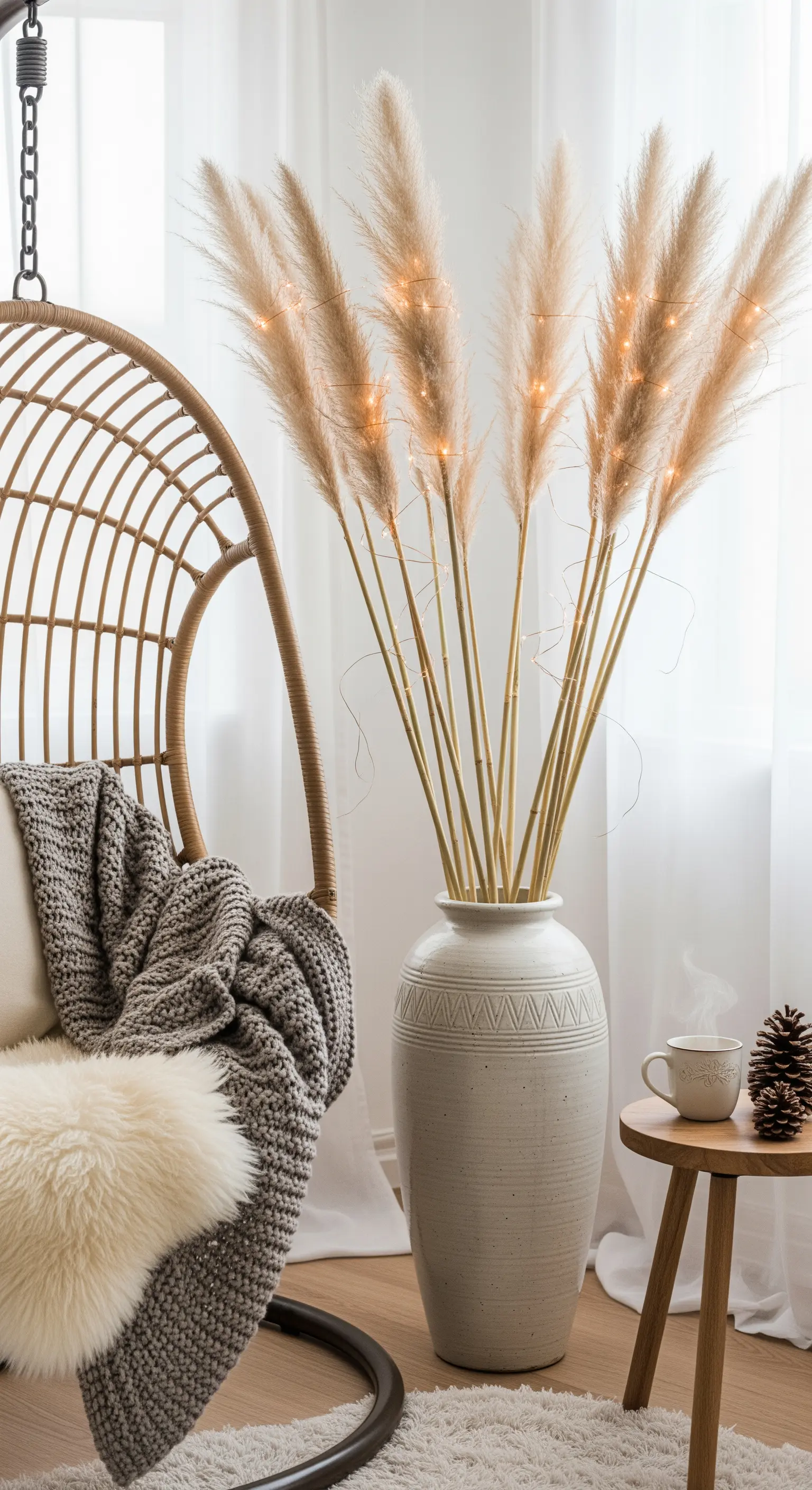 Große Bodenvase mit beleuchtetem Pampasgras neben einem Rattan-Hängesessel