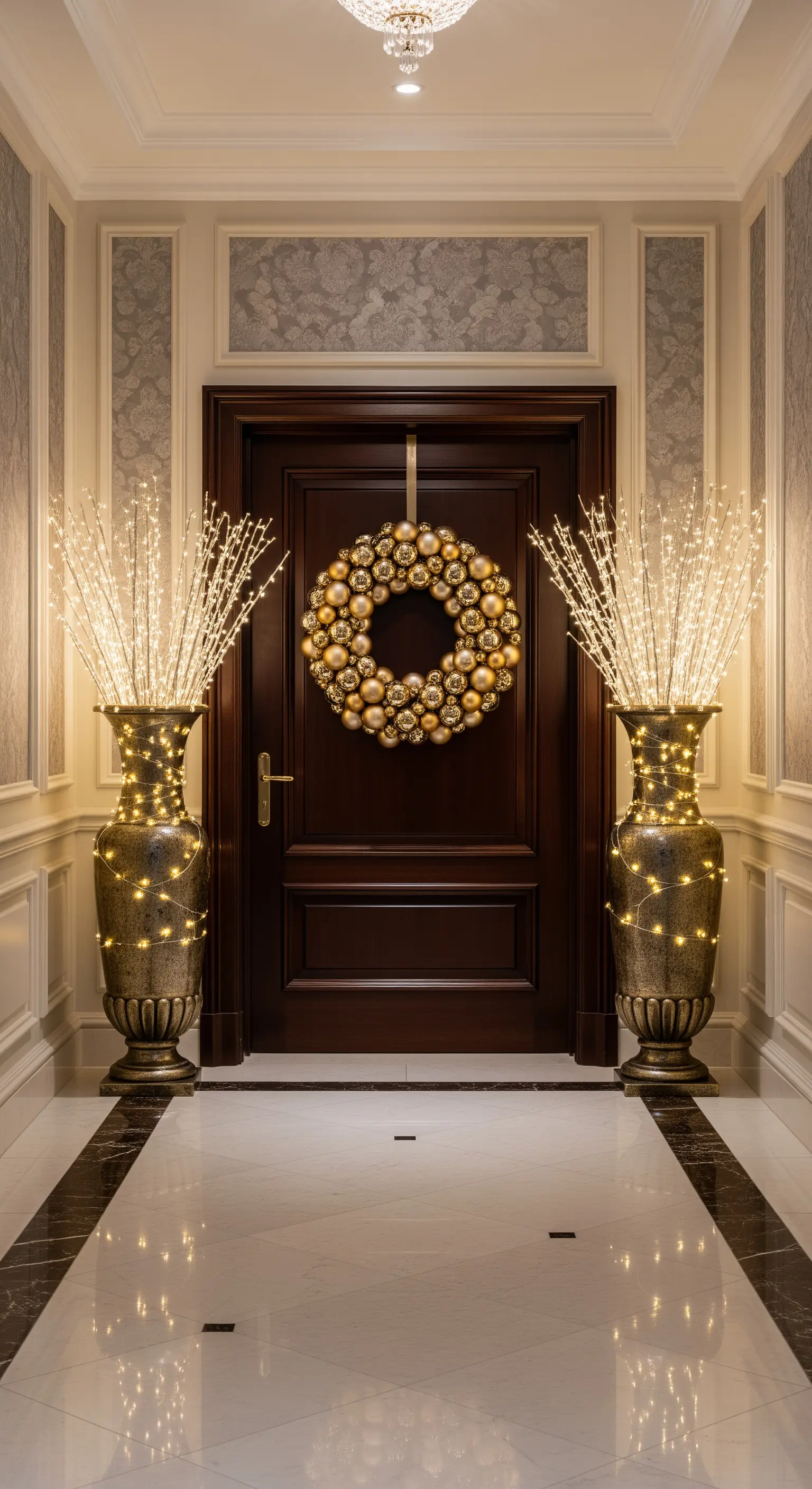 Goldener Kugelkranz und hohe Leuchtvasen im Eingang