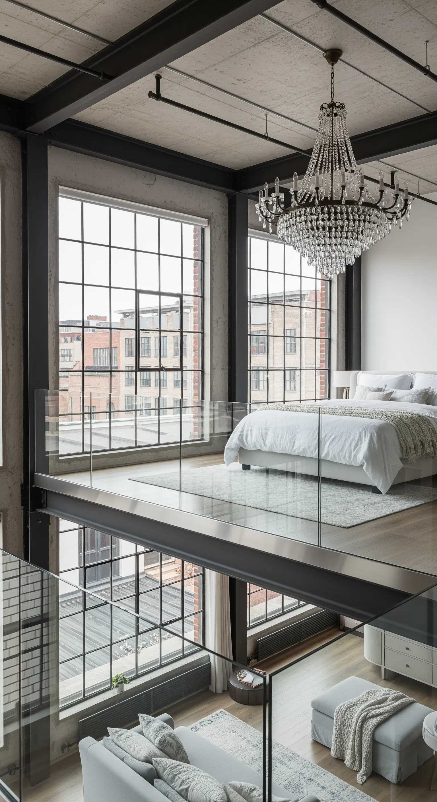 Loft-Schlafzimmer auf Galerieebene mit Glasgeländer und Kronleuchter