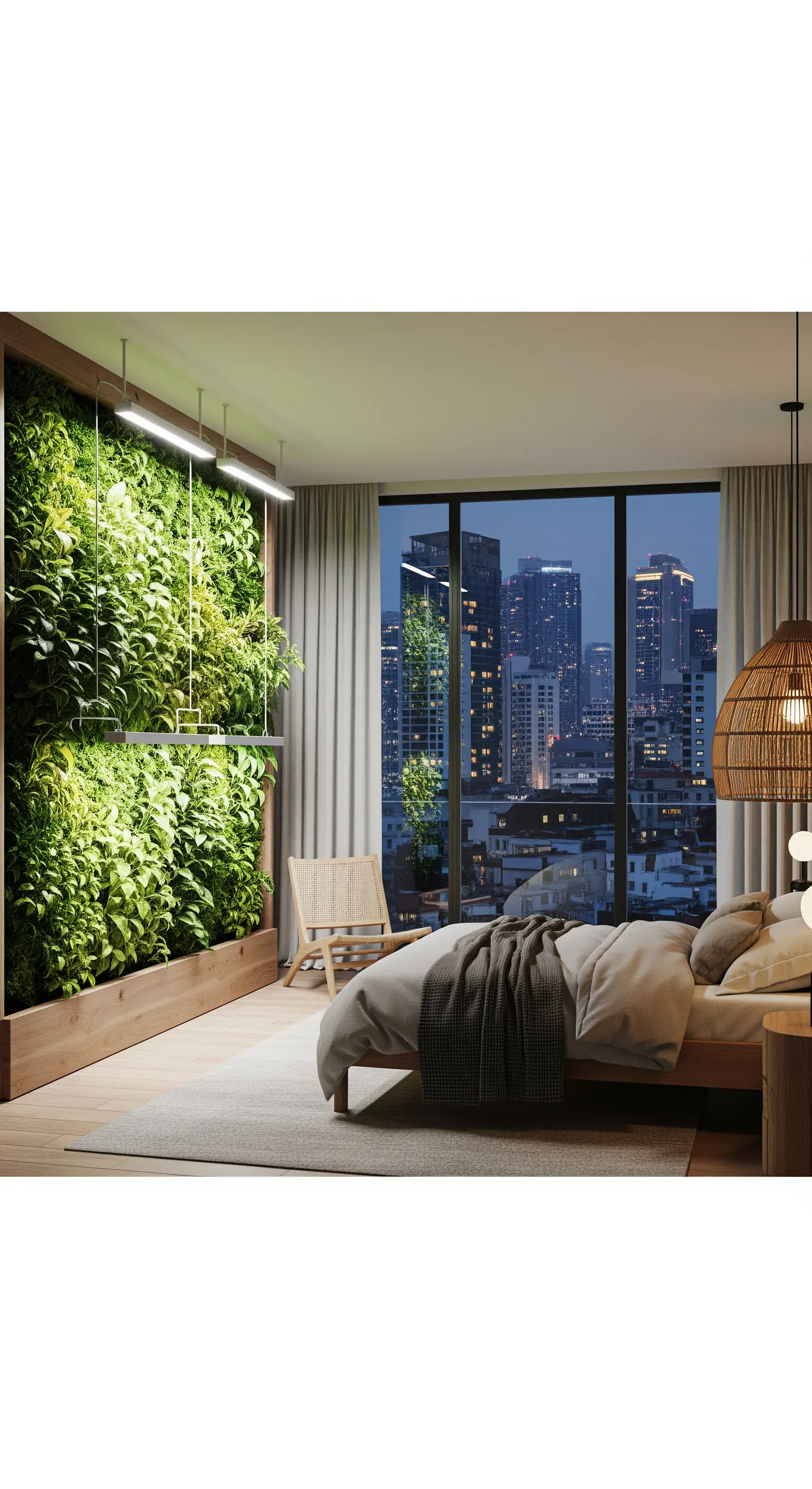Schlafzimmer mit beleuchteter vertikaler Pflanzenwand und Rattan-Leuchte
