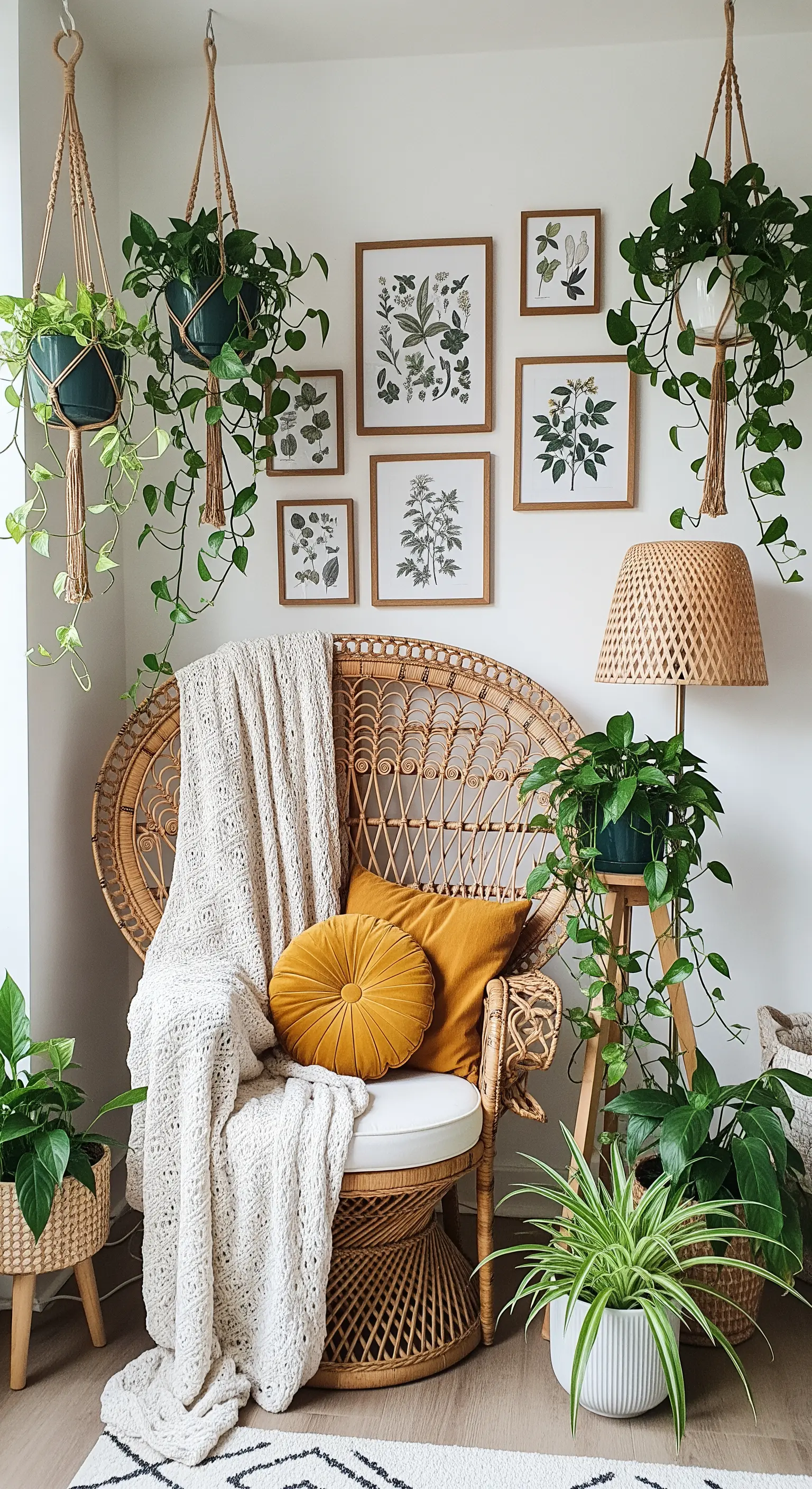 Pfauenstuhl mit hängenden Pflanzen und botanischen Bildern