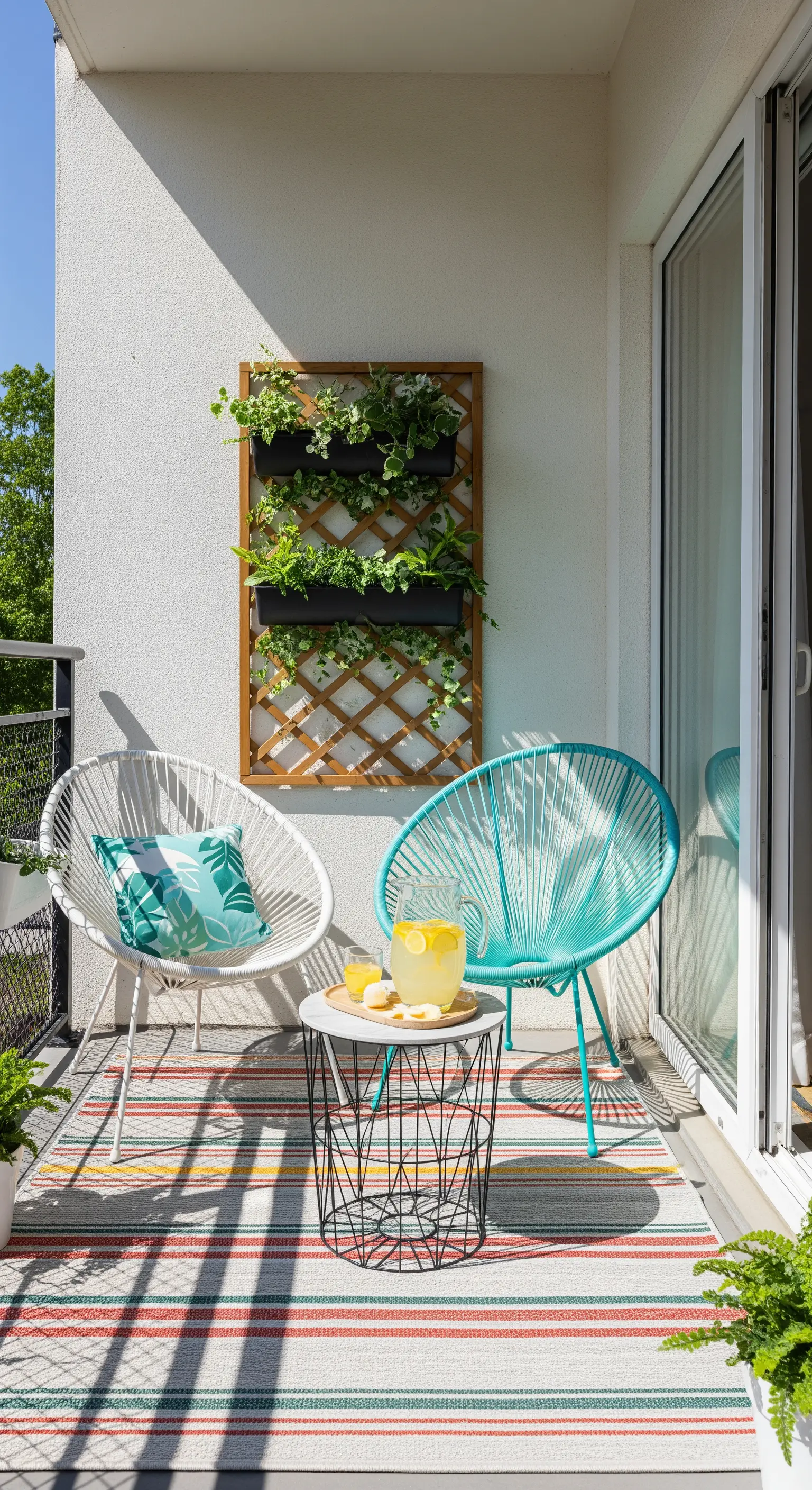 Kleiner Balkon mit Acapulco-Stühlen und Pflanzenwand