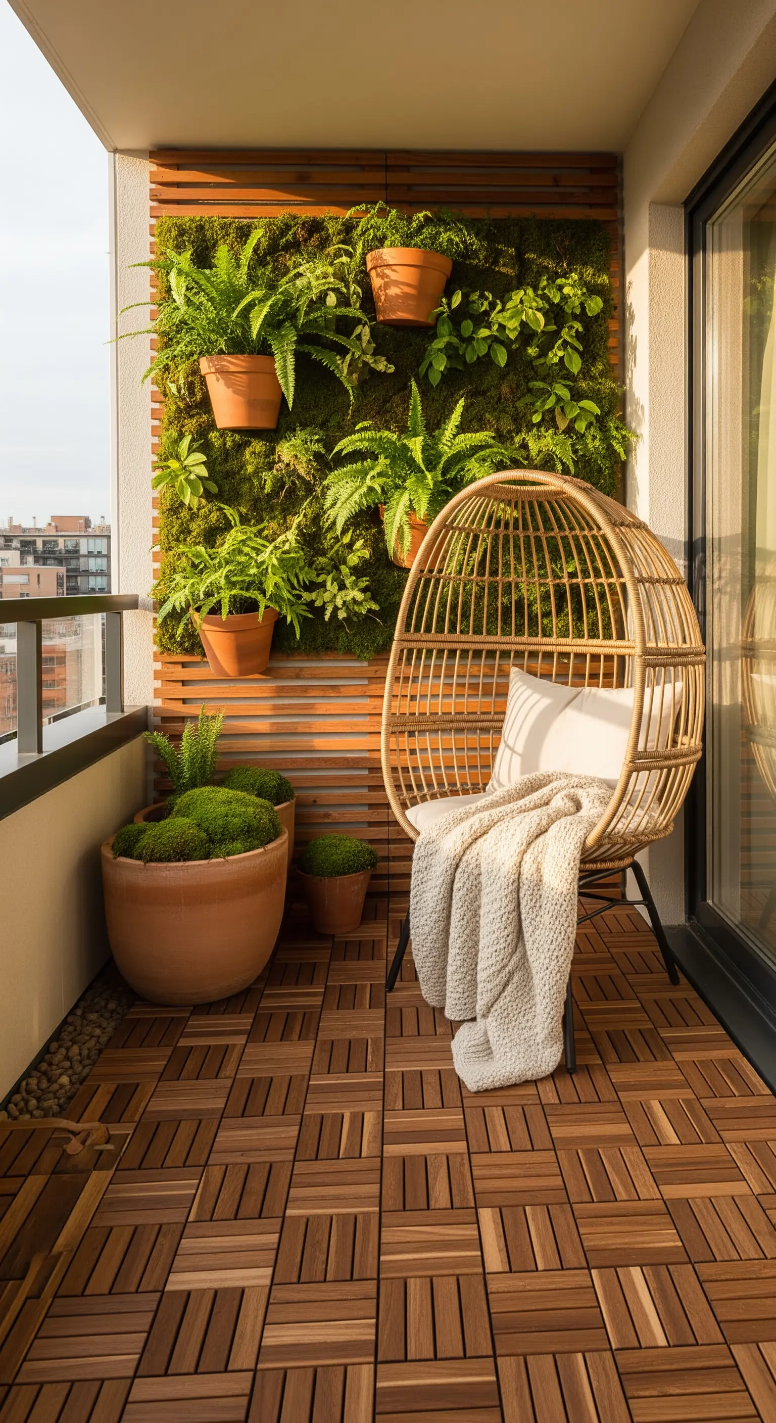Balkon mit grüner Pflanzenwand und Rattan-Hängesessel