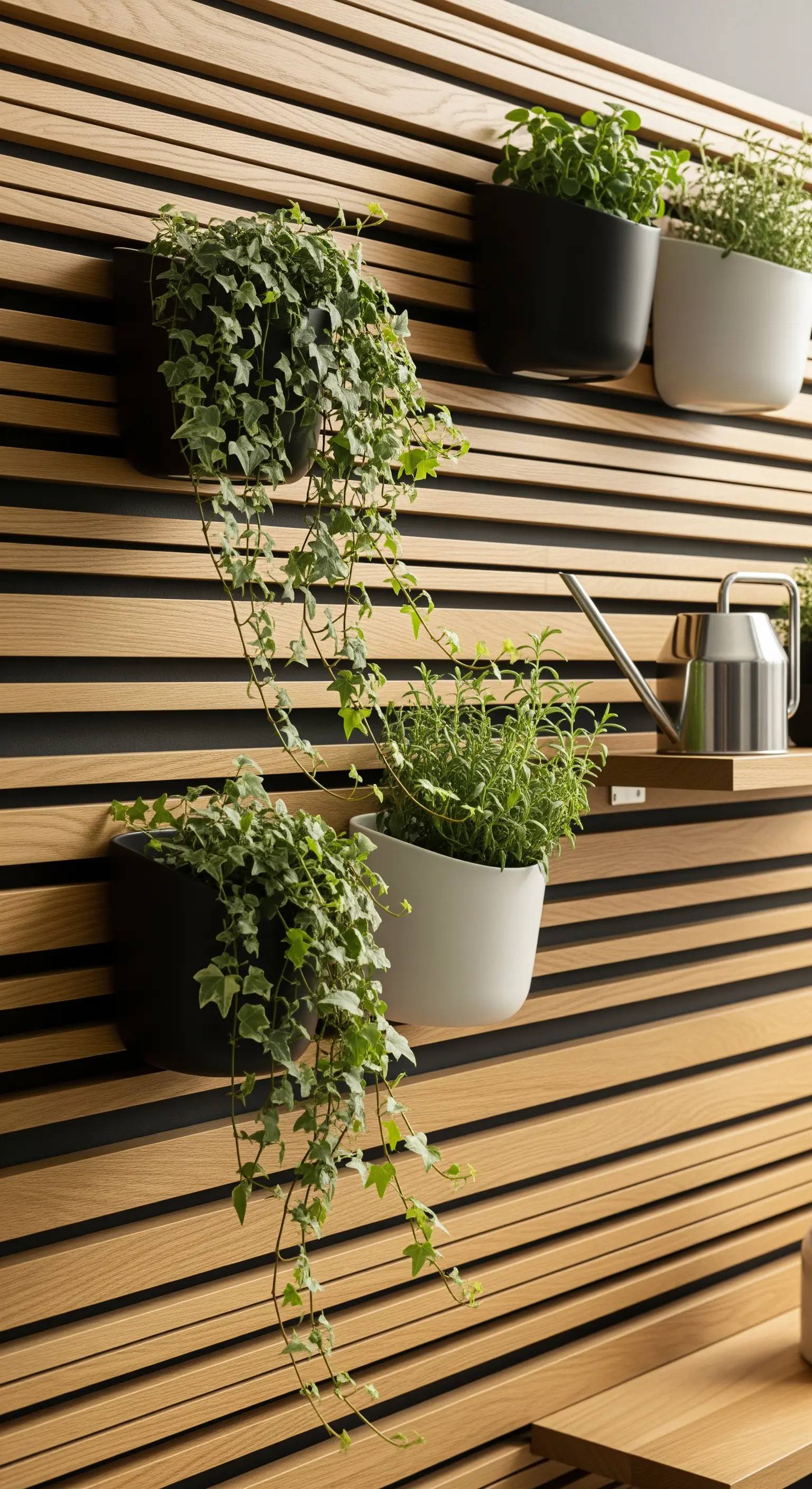 Holzlamellenwand mit hängenden schwarzen und weißen Töpfen