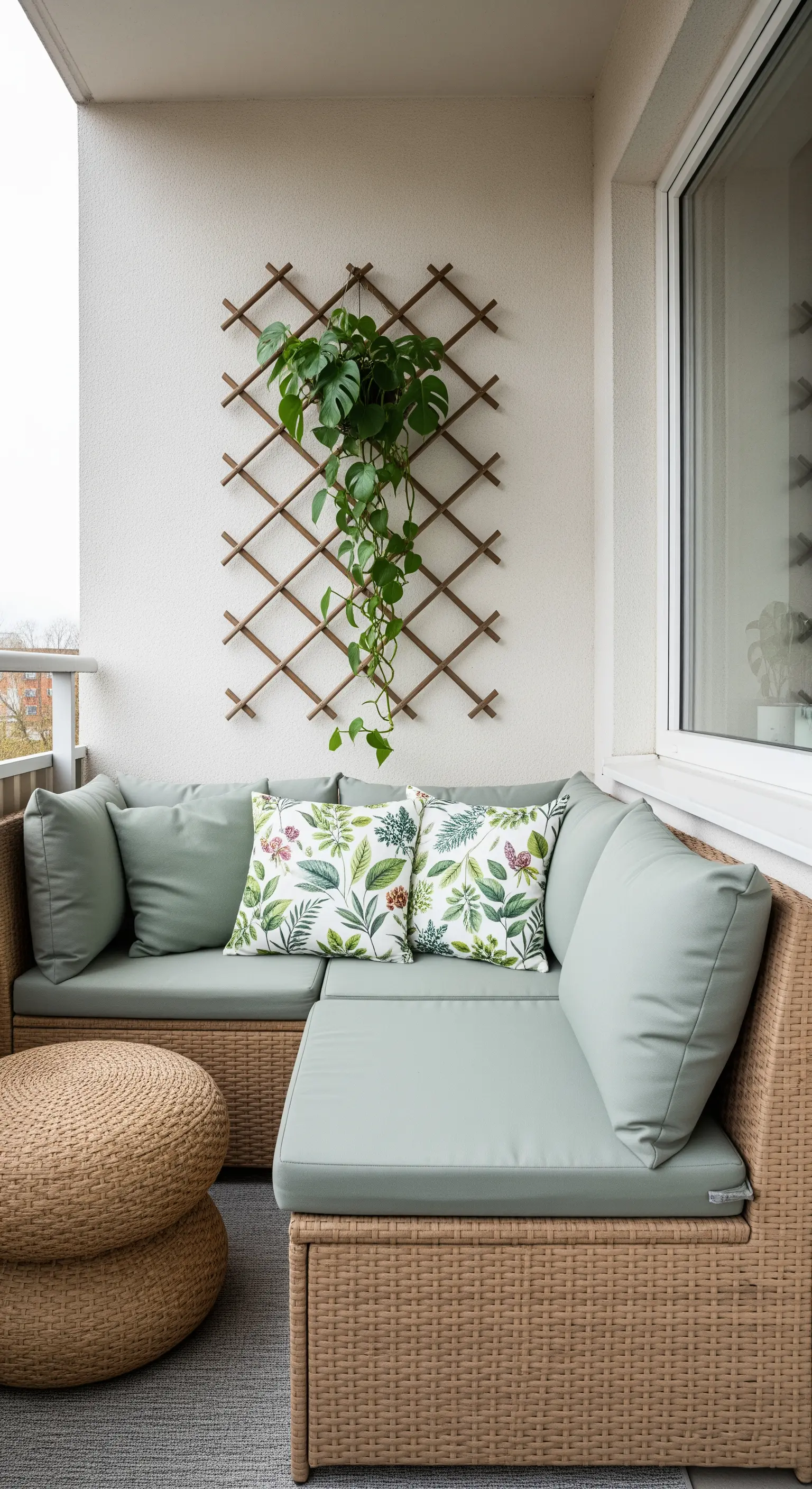 Sitzecke mit salbeigrünen Polstern und einem geometrischen Holzgitter an der Wand