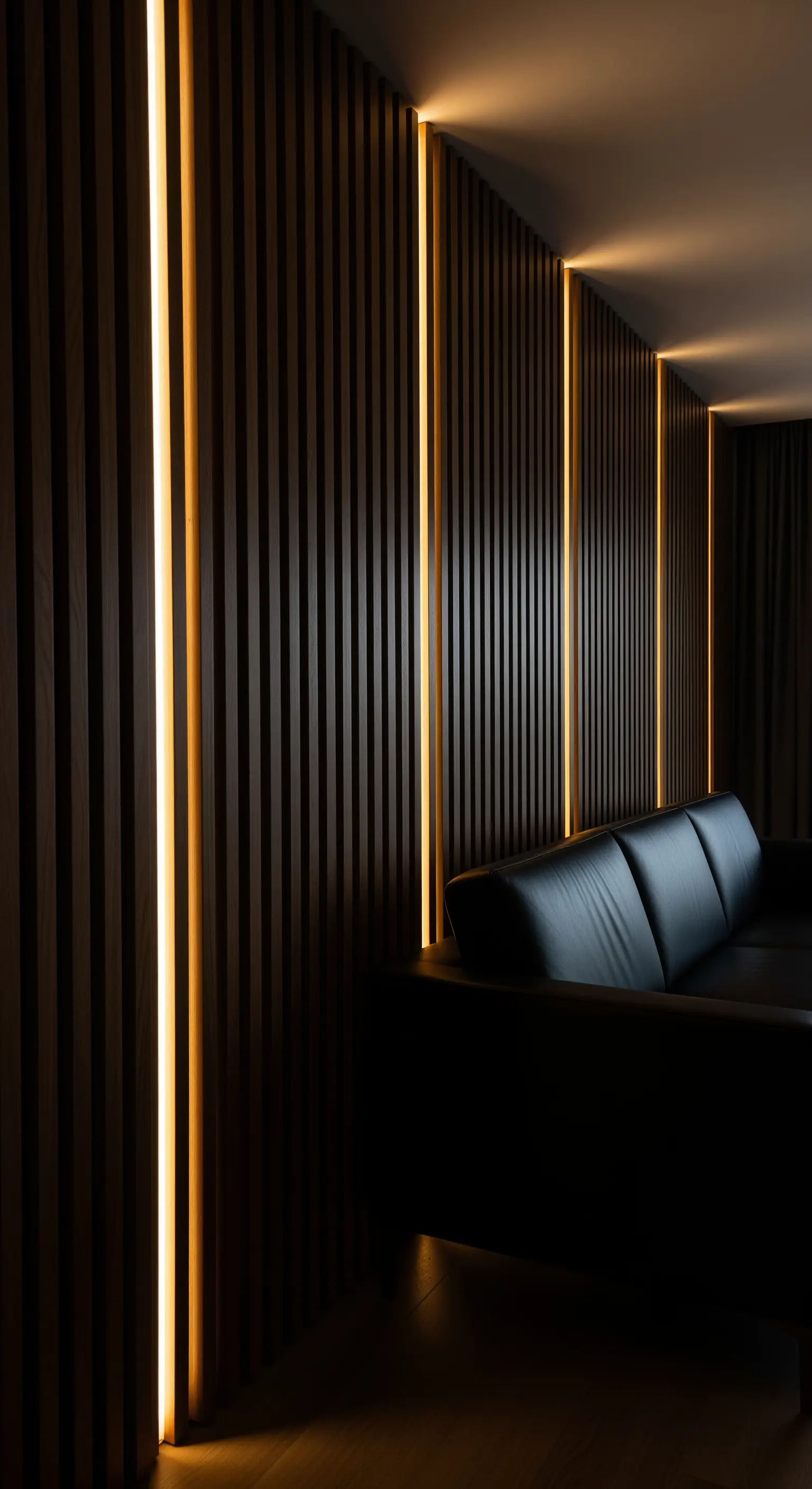 Wandverkleidung aus Holzlamellen mit LED-Lichtstreifen