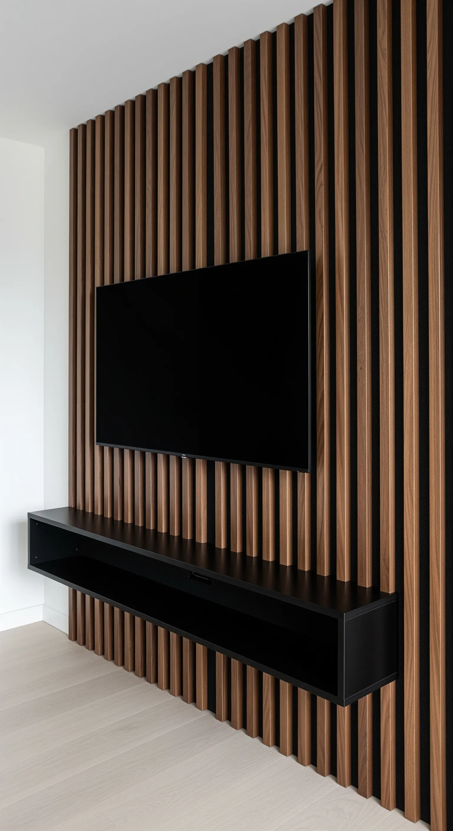 TV auf schwarzem Board vor Holzbalkenwand