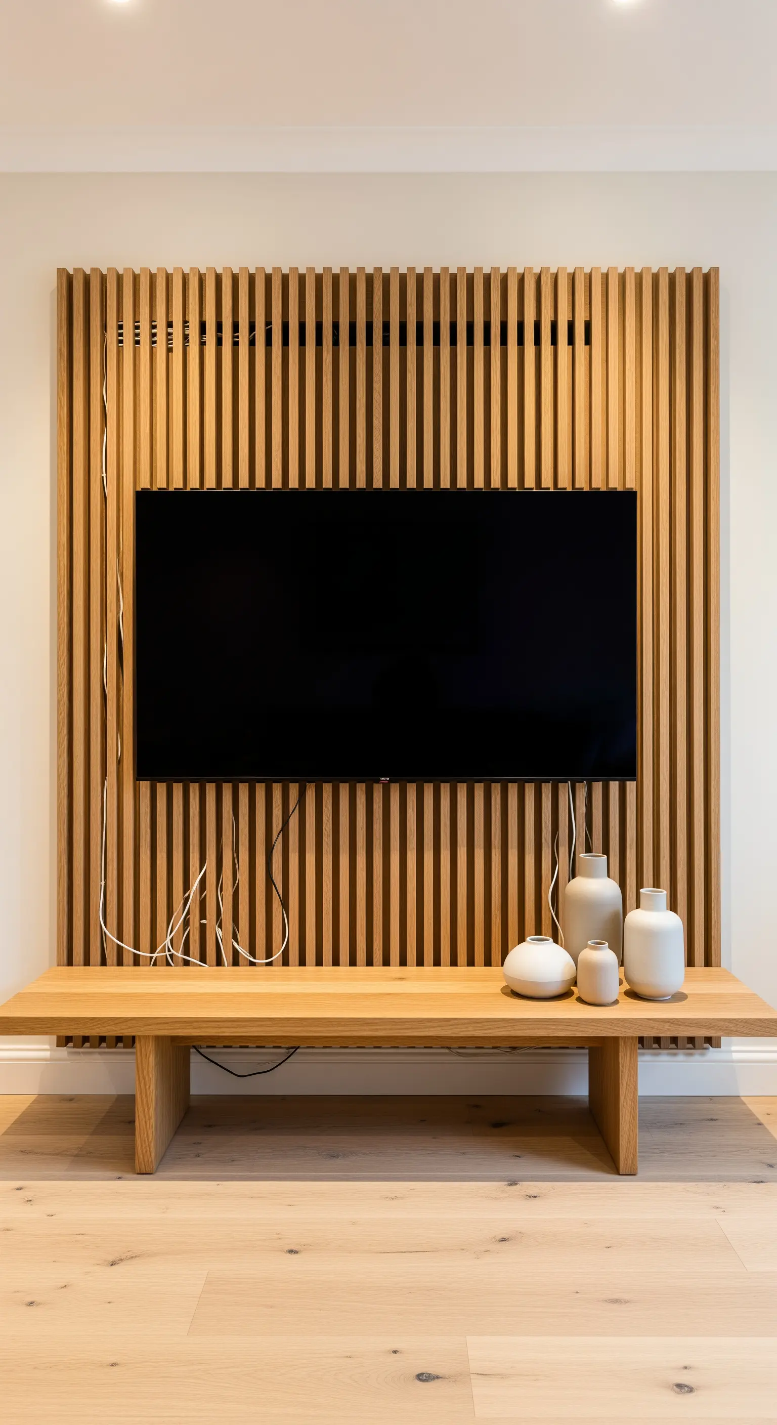 TV auf Holzwand mit Lamellenstruktur