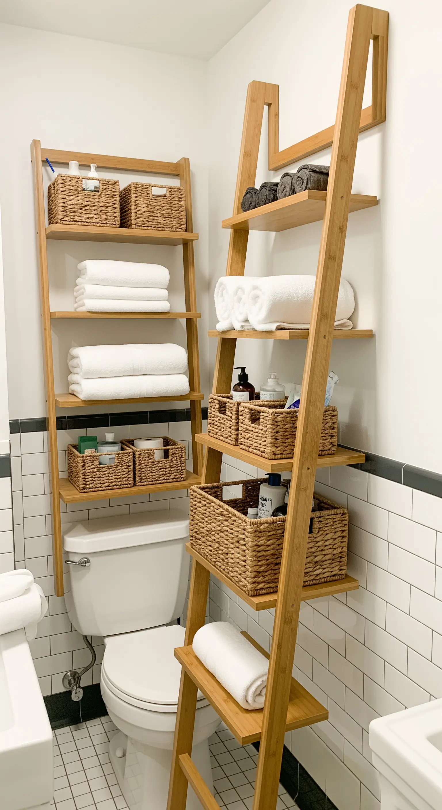 Holzleiterregal mit Körben über der Toilette