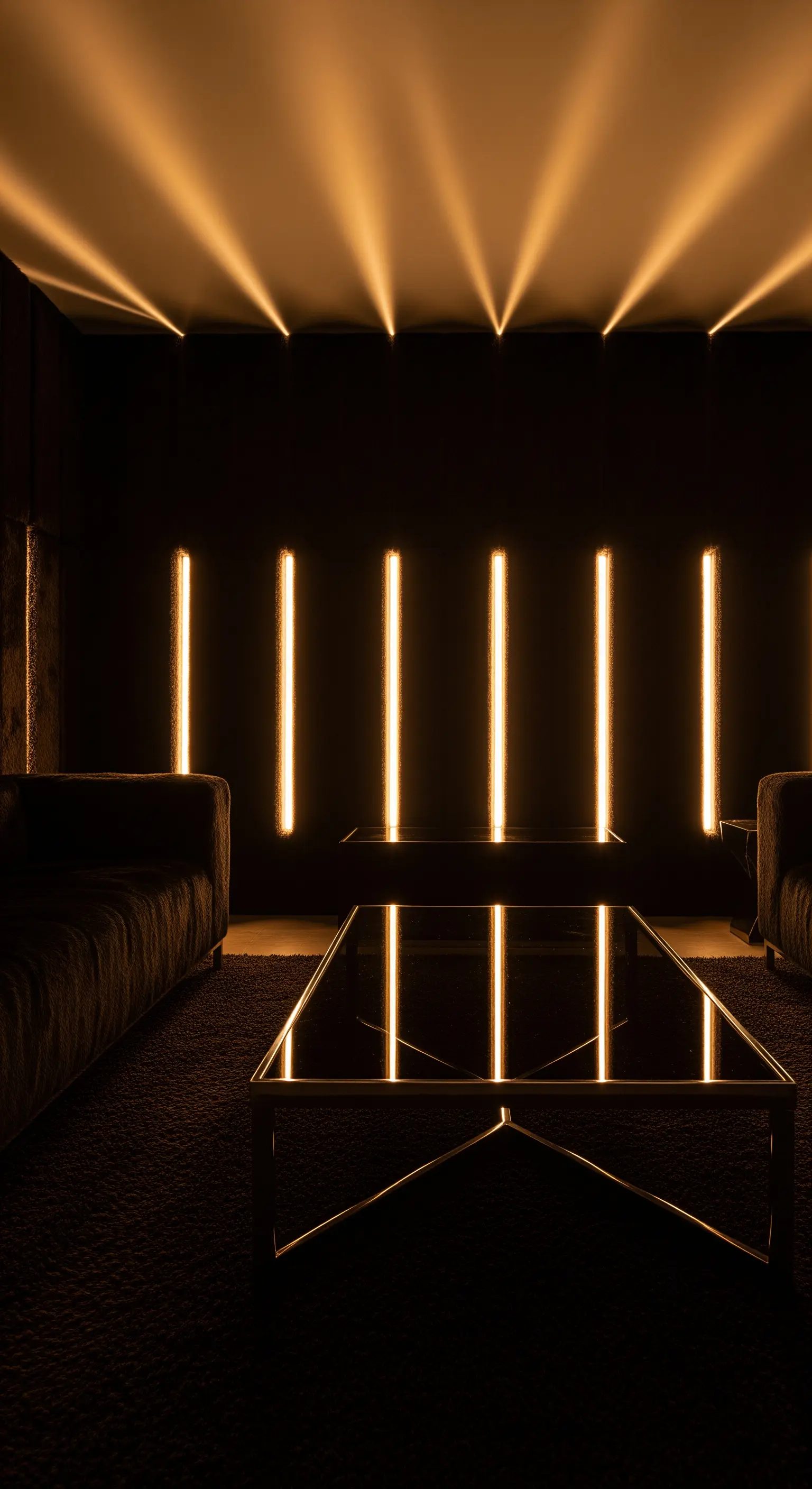 Vertikale Lichtröhren an schwarzer Wand