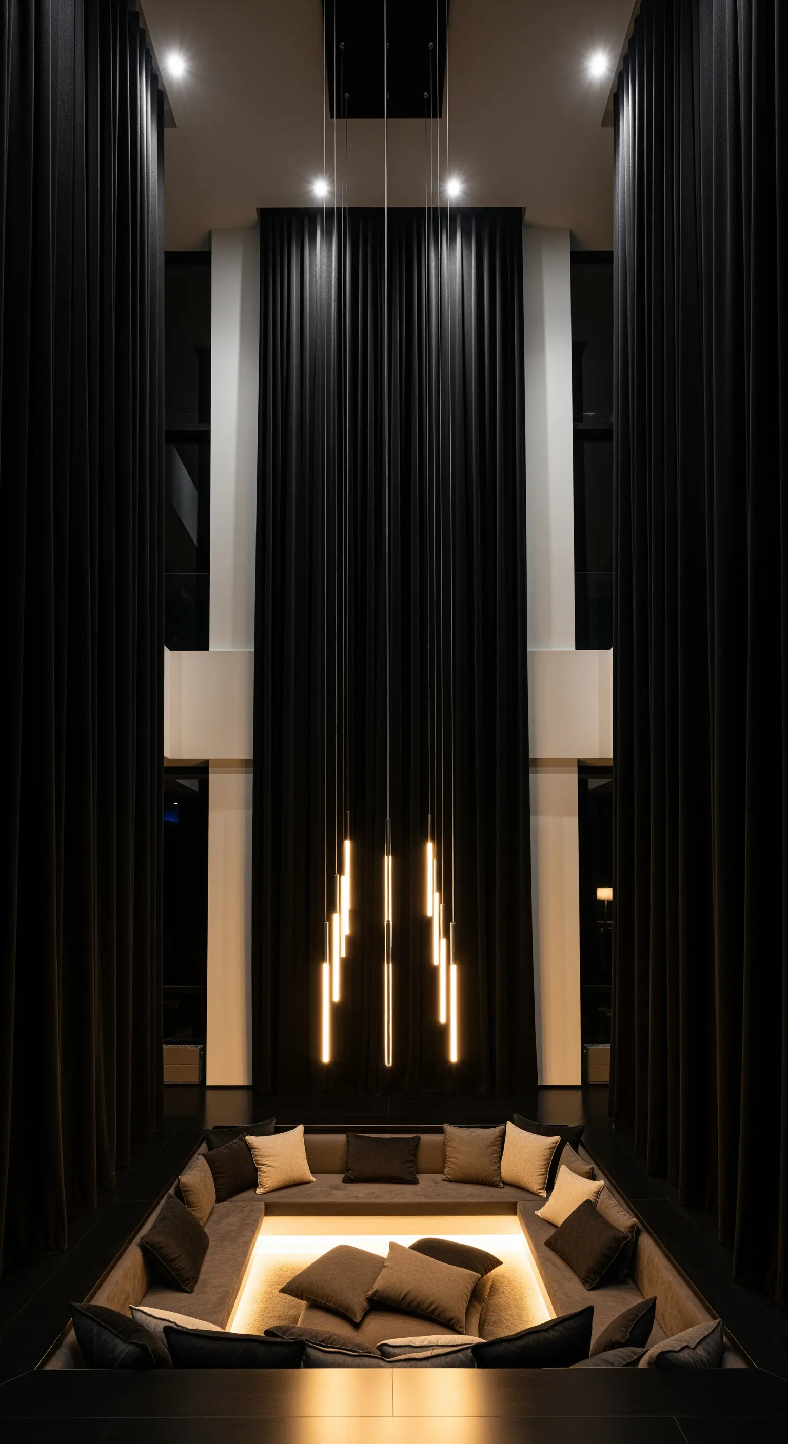 Extrem lange Pendelleuchten vor dunklen Vorhängen