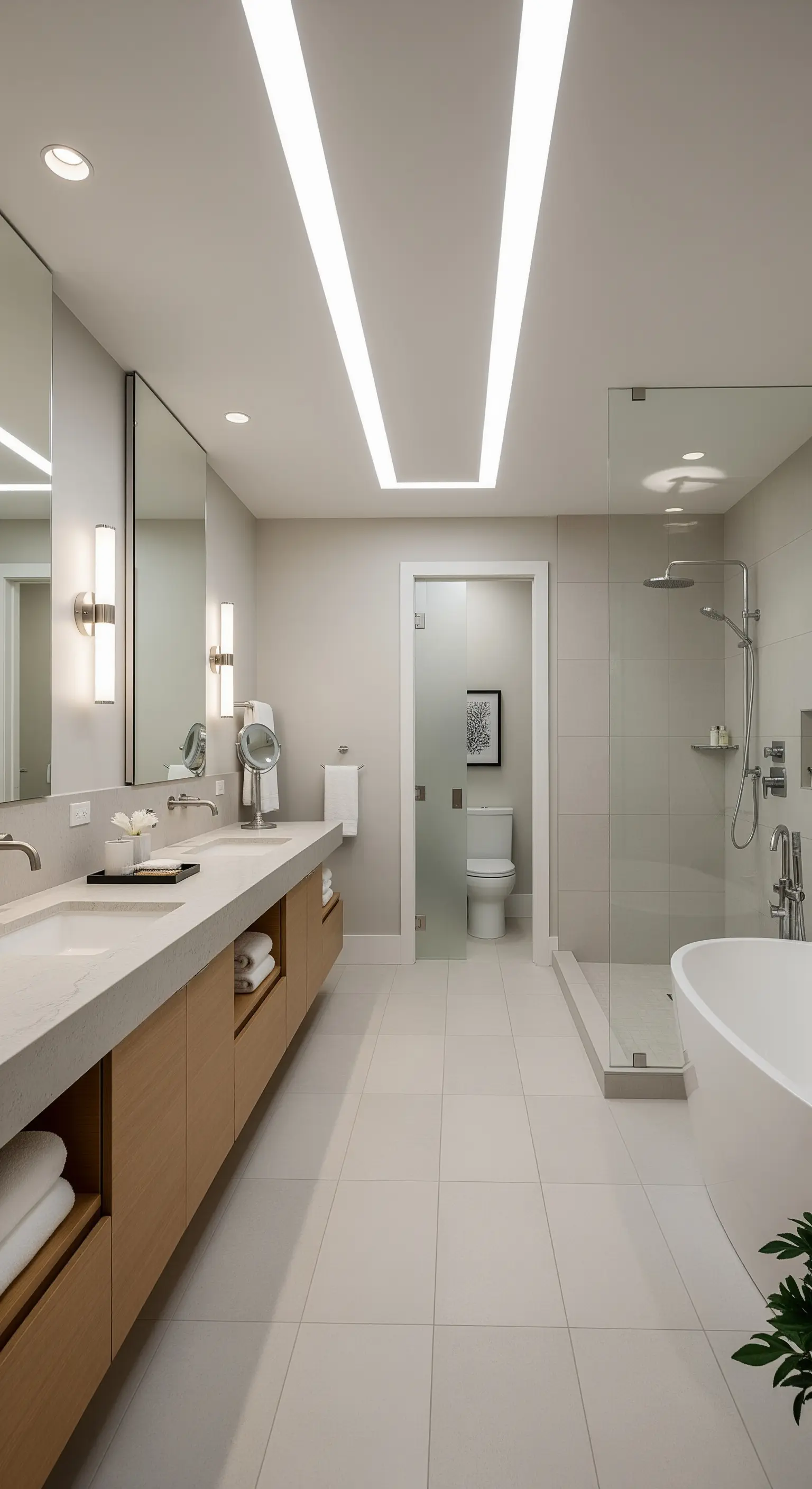 Modernes Bad mit vertikalen und horizontalen LED-Lichtbändern in der Decke