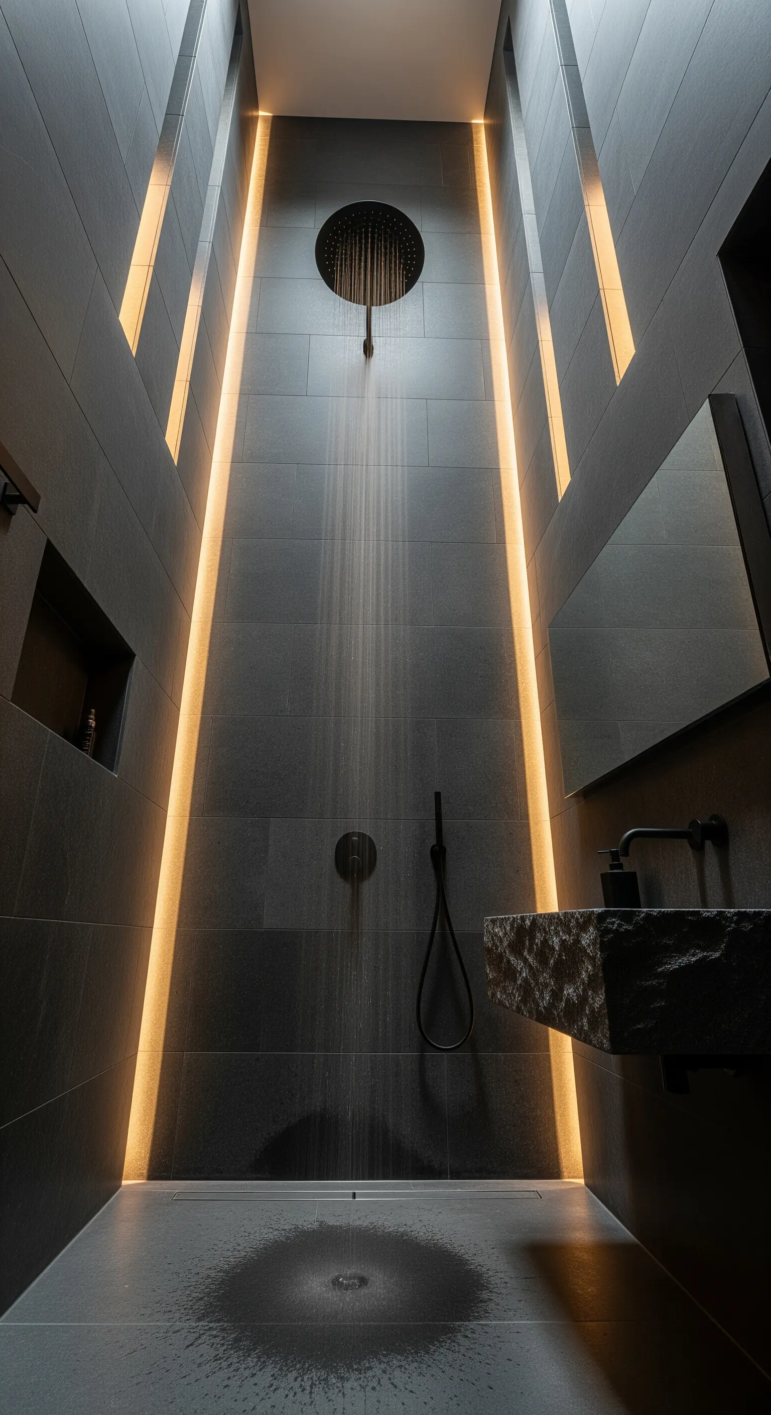 Dunkle Steindusche mit vertikalen LED-Lichtstreifen