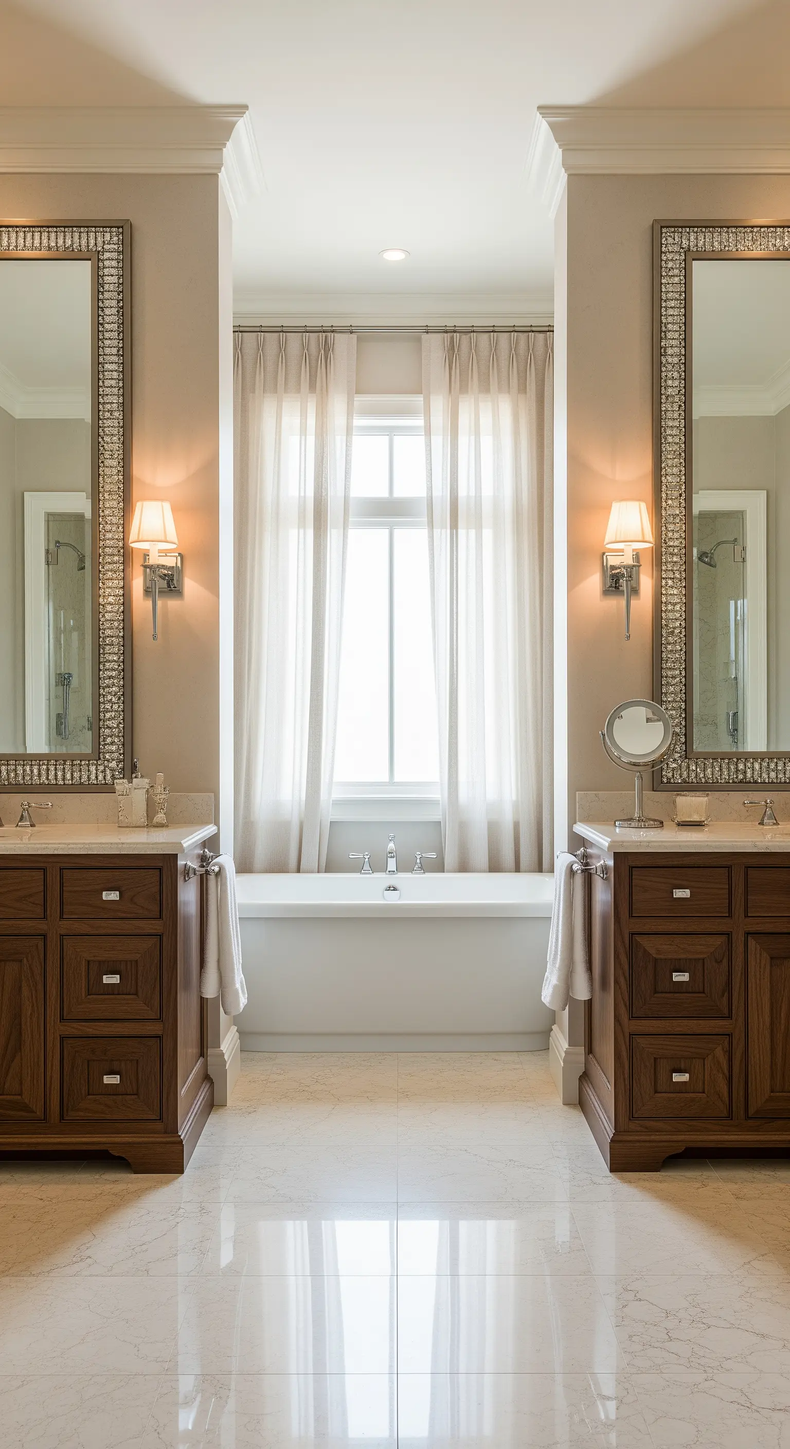 Zwei hohe, schmale Spiegel über Doppelwaschtisch mit hohen Vorhängen