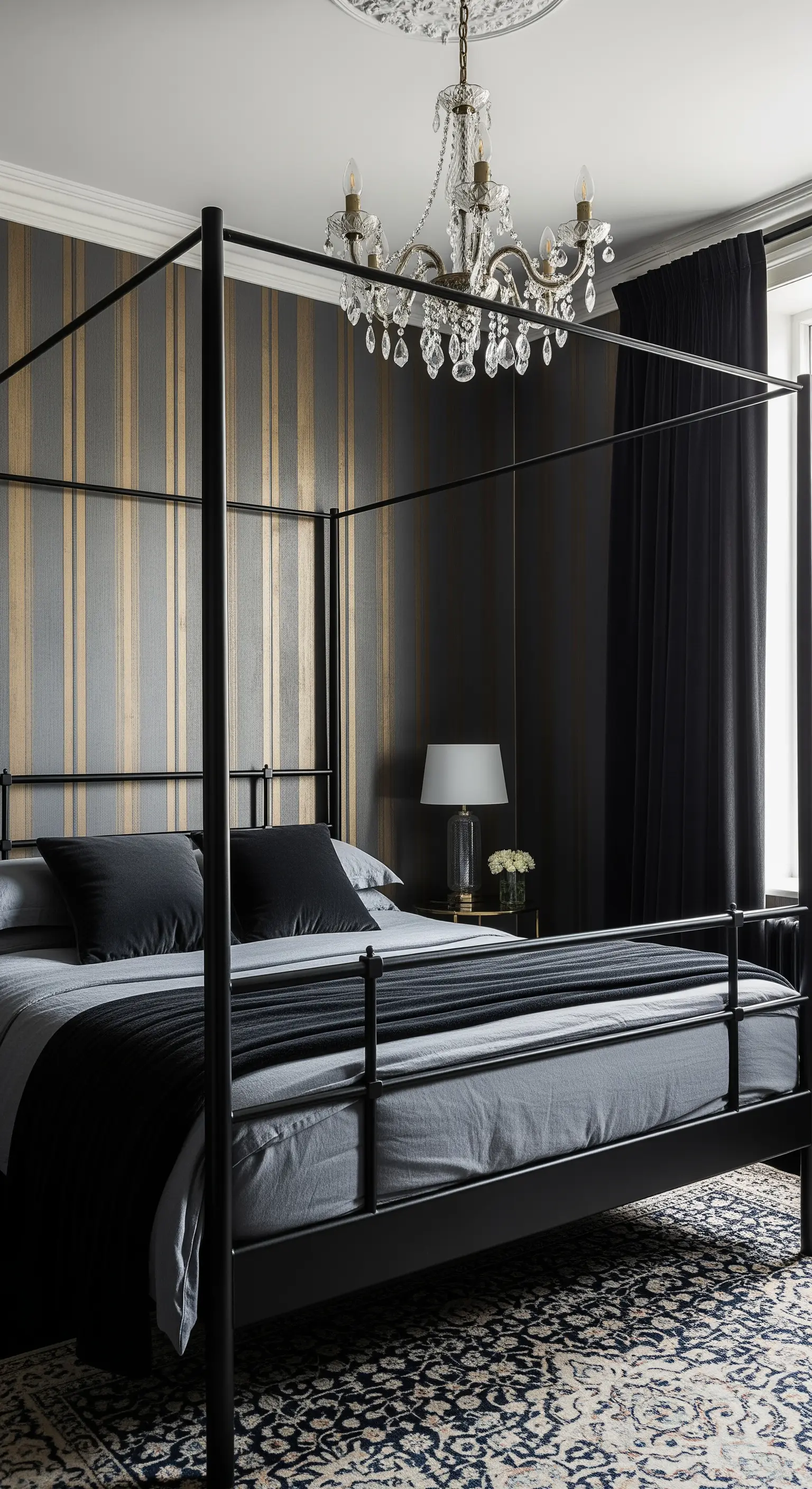 Himmelbett vor grau-gold gestreifter Tapete