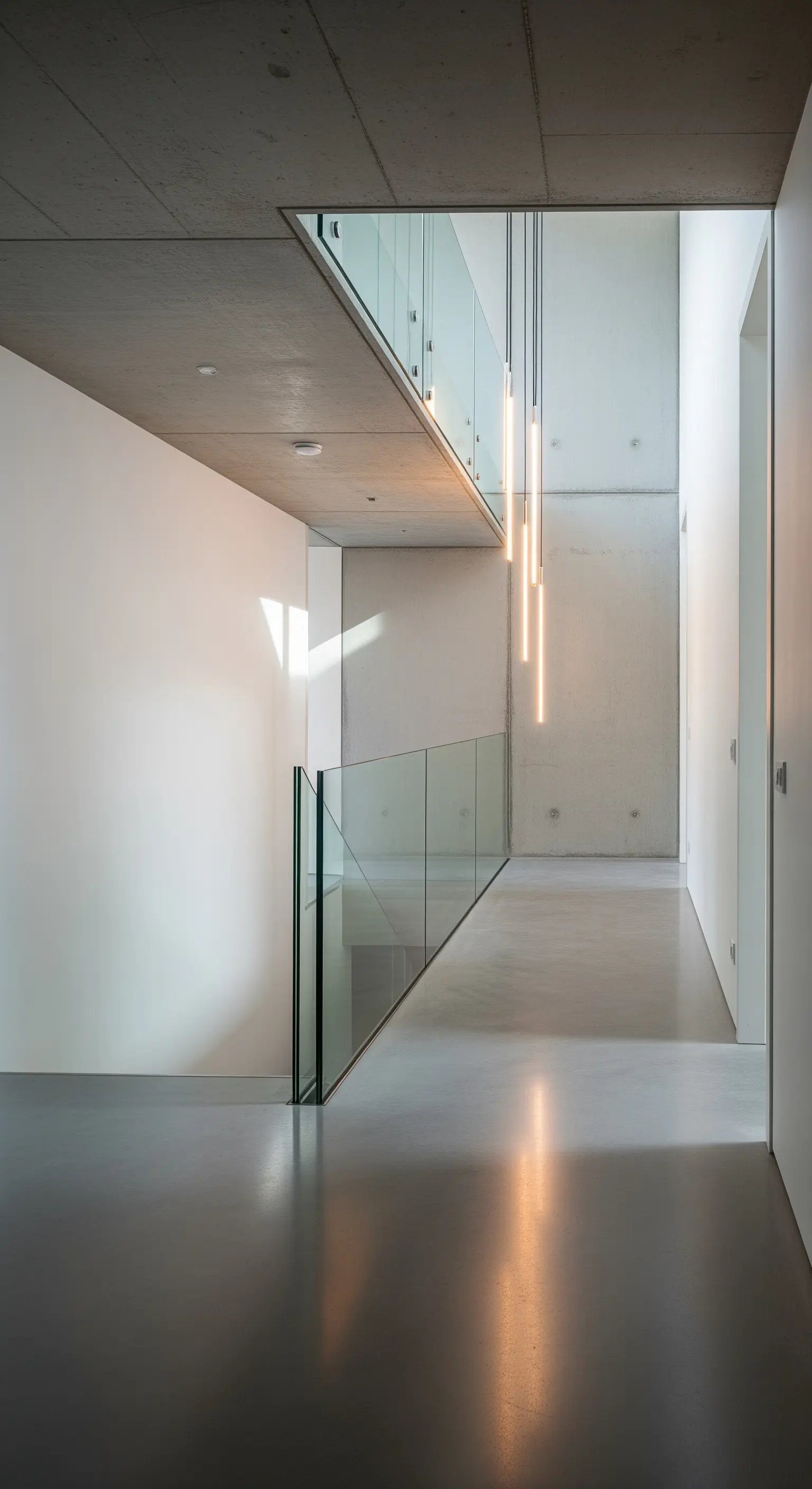 Hoher Flur mit Glasgeländer und langen Pendelleuchten