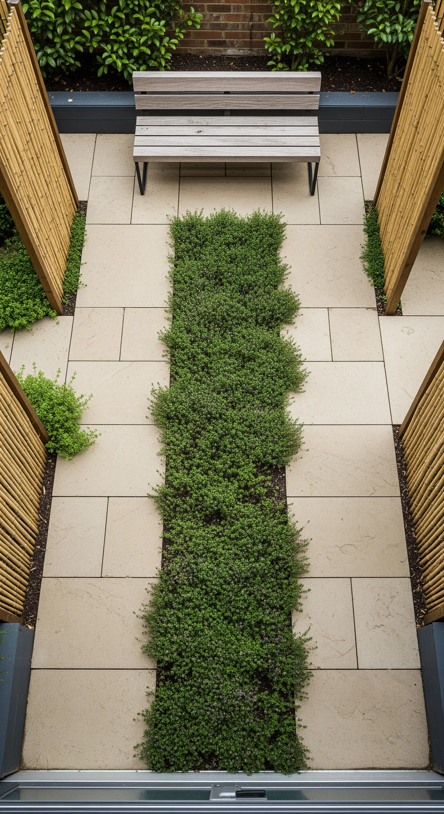 Heller Bambus Sichtschutz mit grünen Bodendeckern