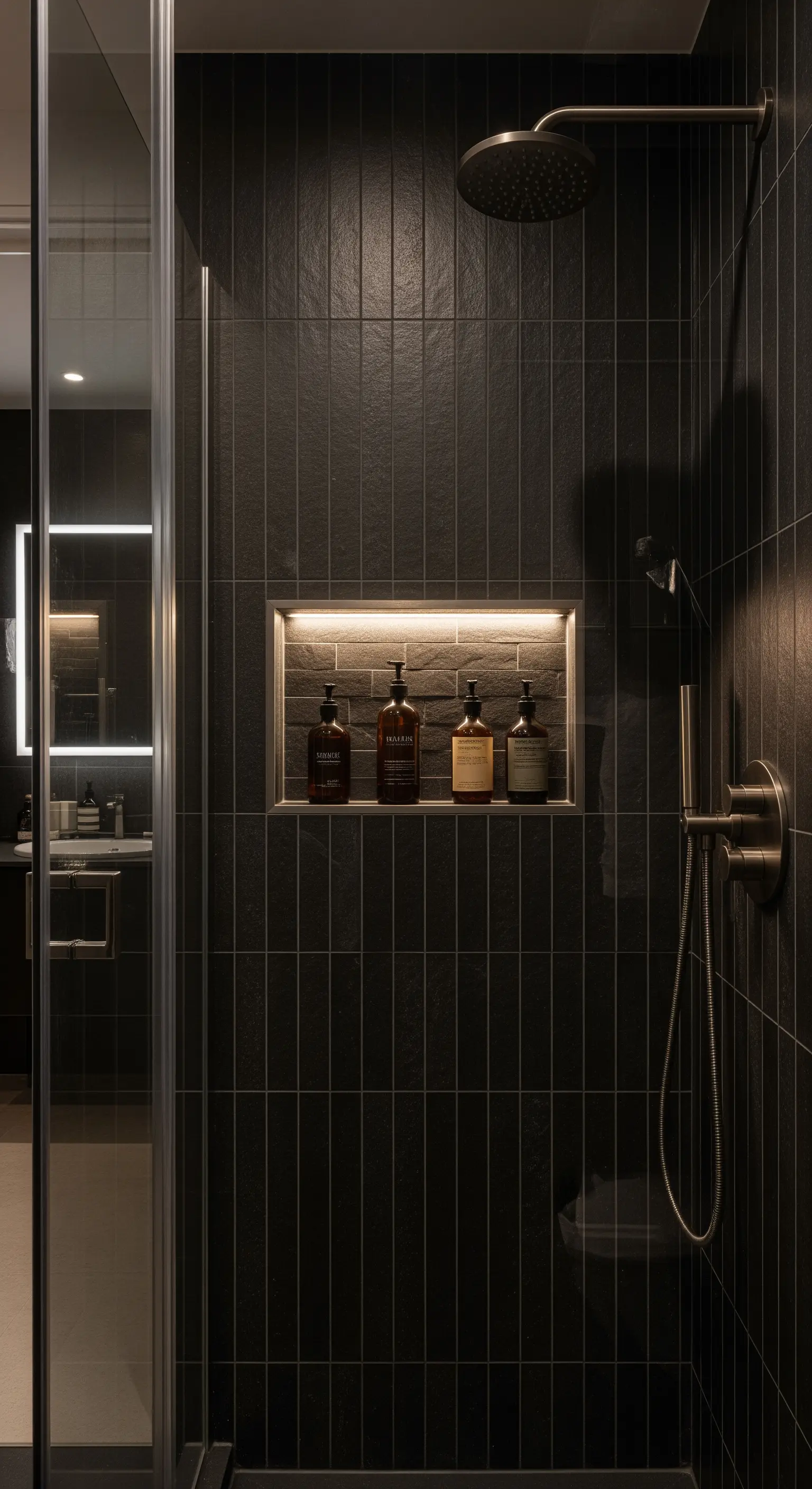 Vertikale dunkle Fliesen mit beleuchteter Nische