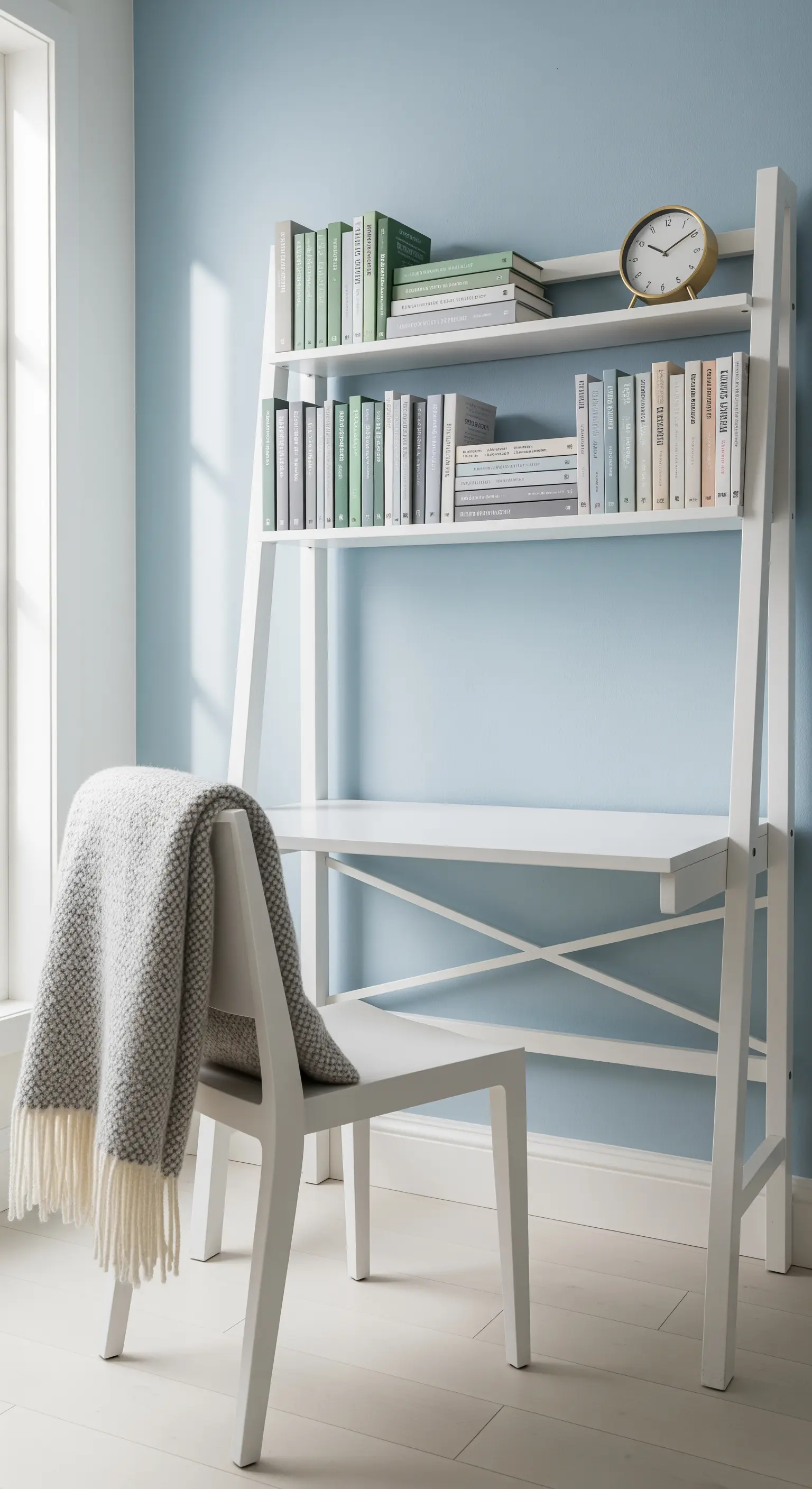 Weißes Leiterregal mit Schreibtisch vor hellblauer Wand