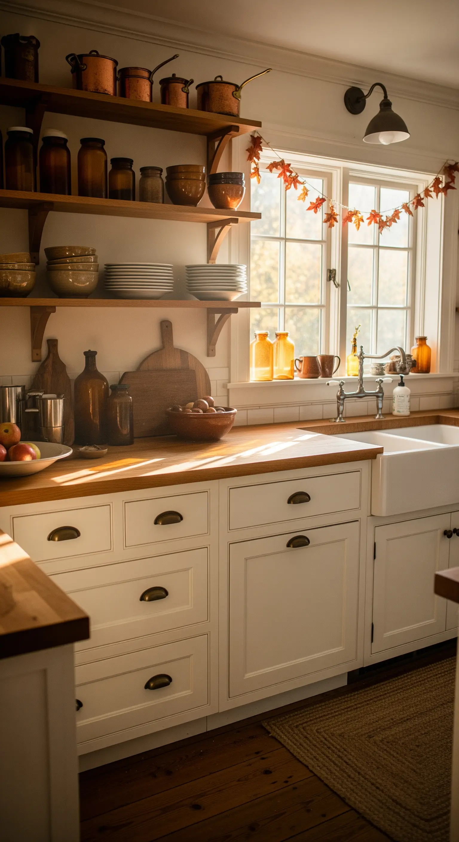 Küchenregale mit Kupfergeschirr und herbstlicher Fenster-Girlande