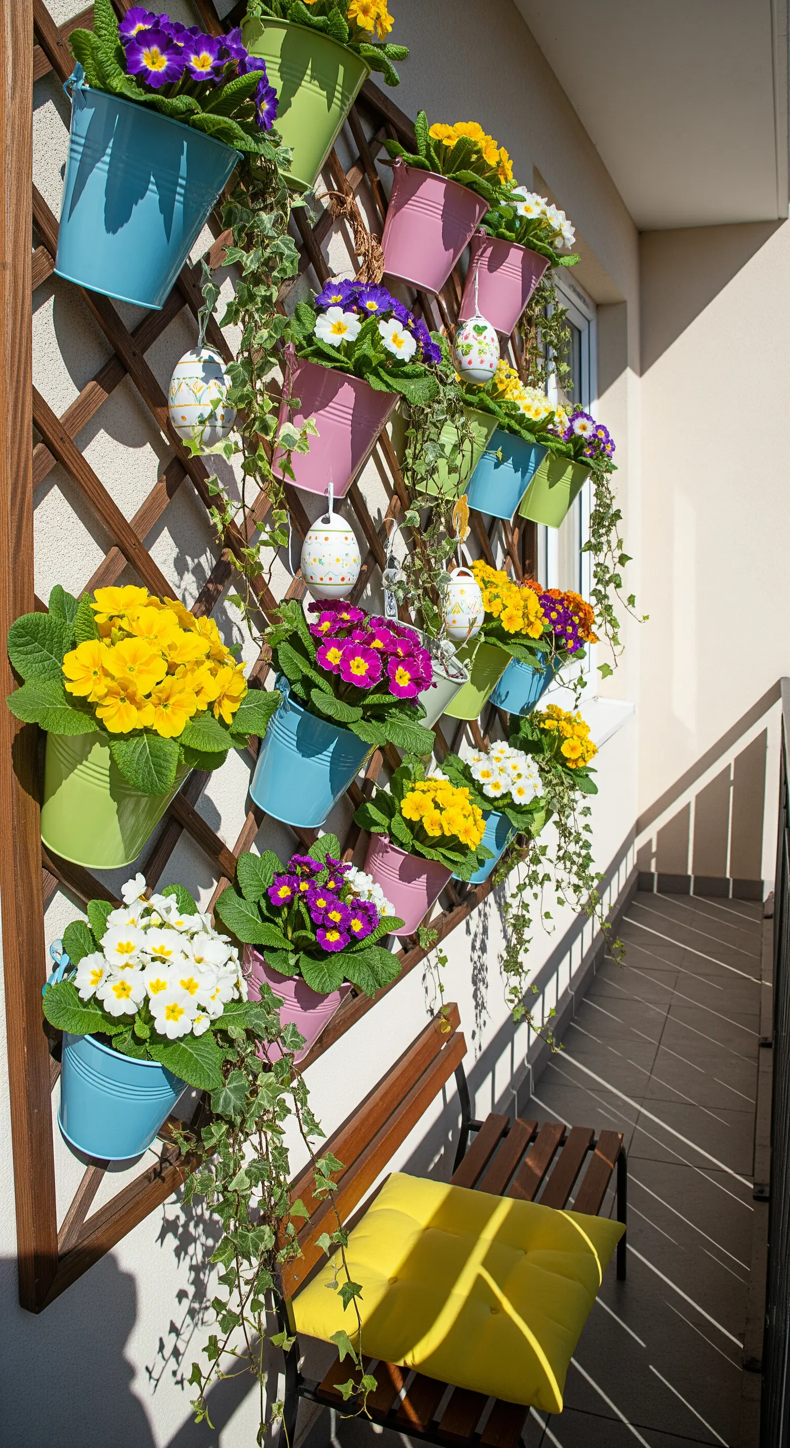 Wandgitter mit bunten Eimern und Blumen
