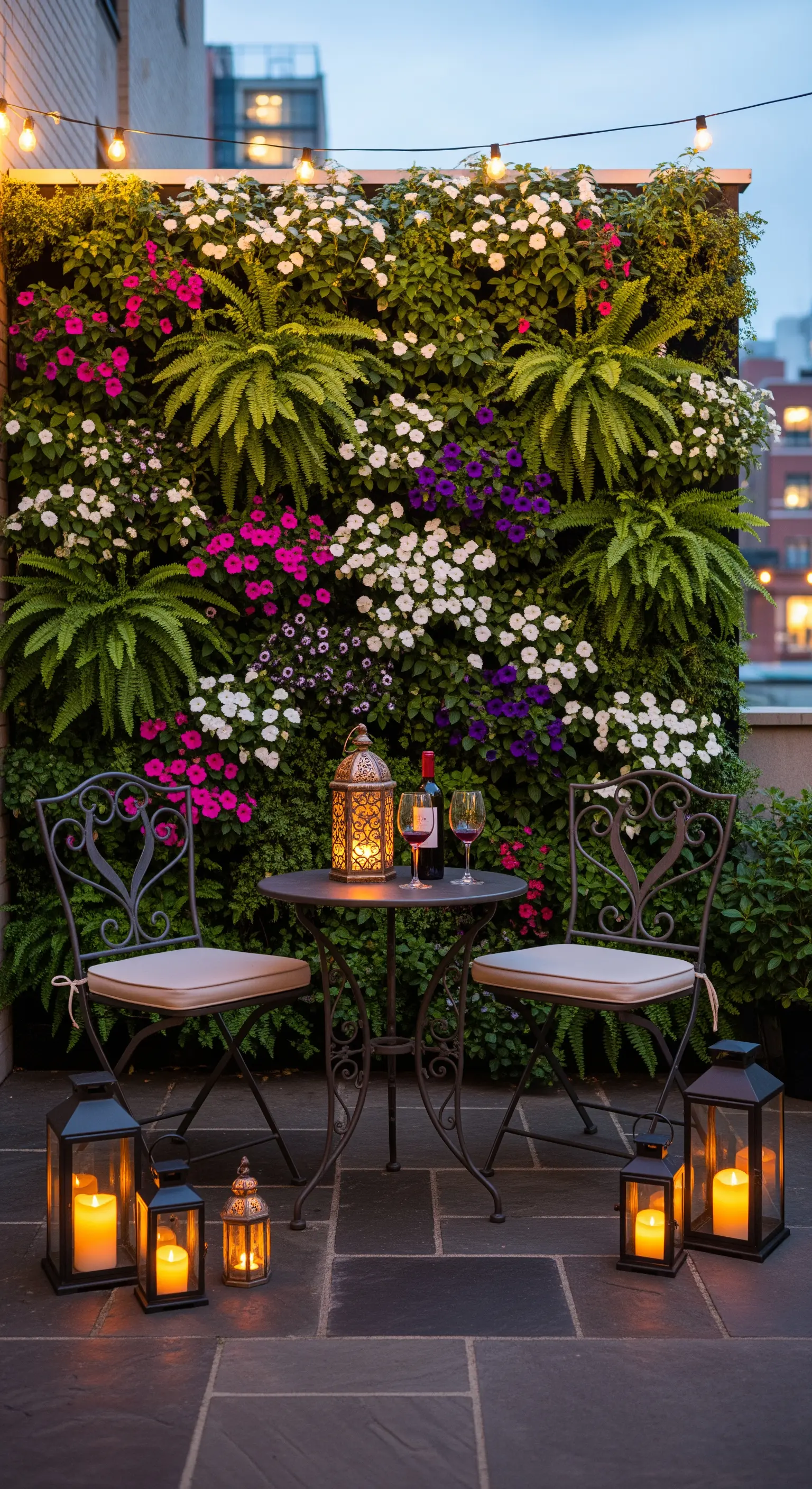 Vertikale Pflanzenwand hinter kleinem Tisch und Stühlen