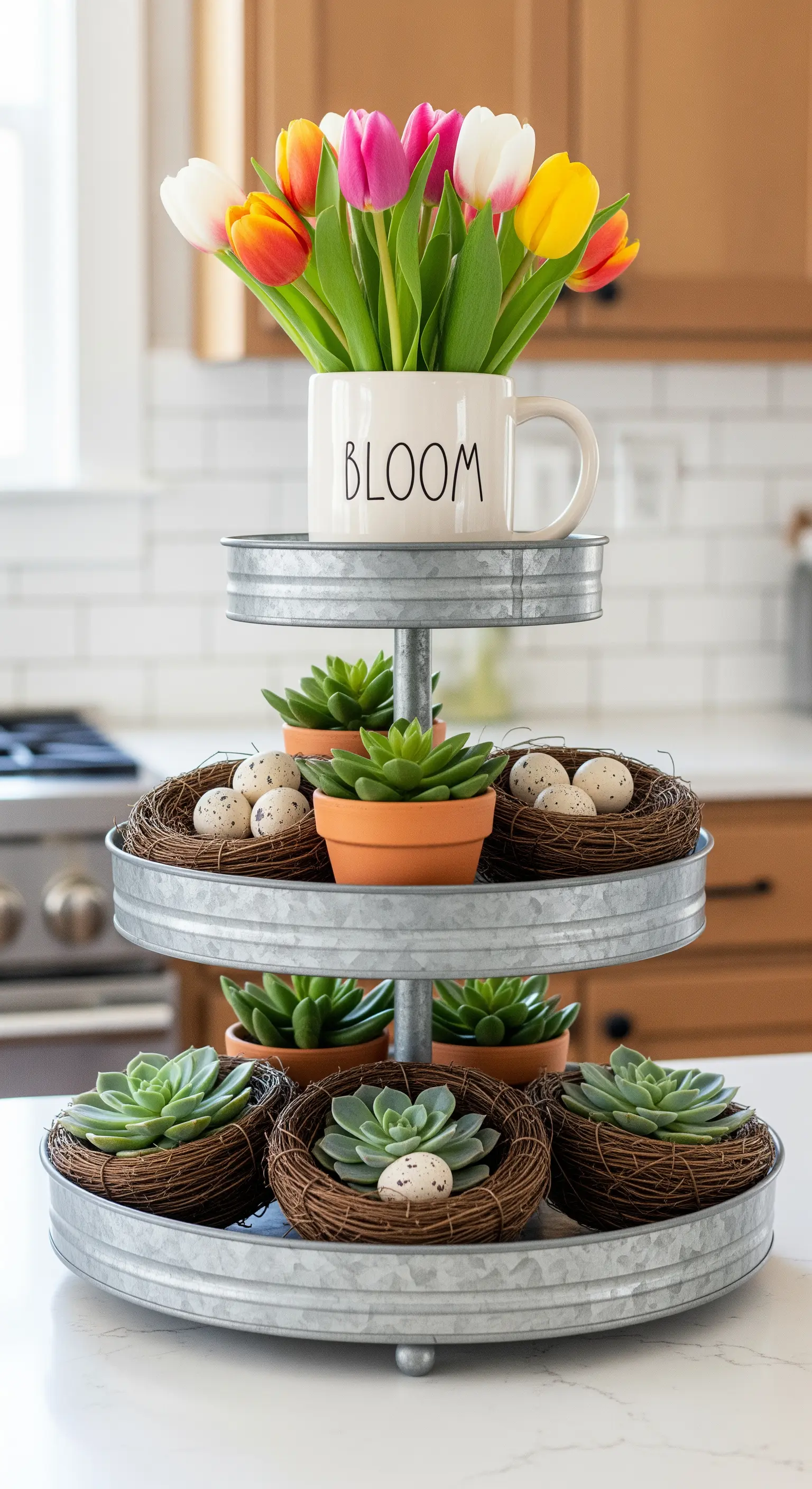 Dreistöckige Metall-Etagere mit Sukkulenten, Nestern und Tulpen