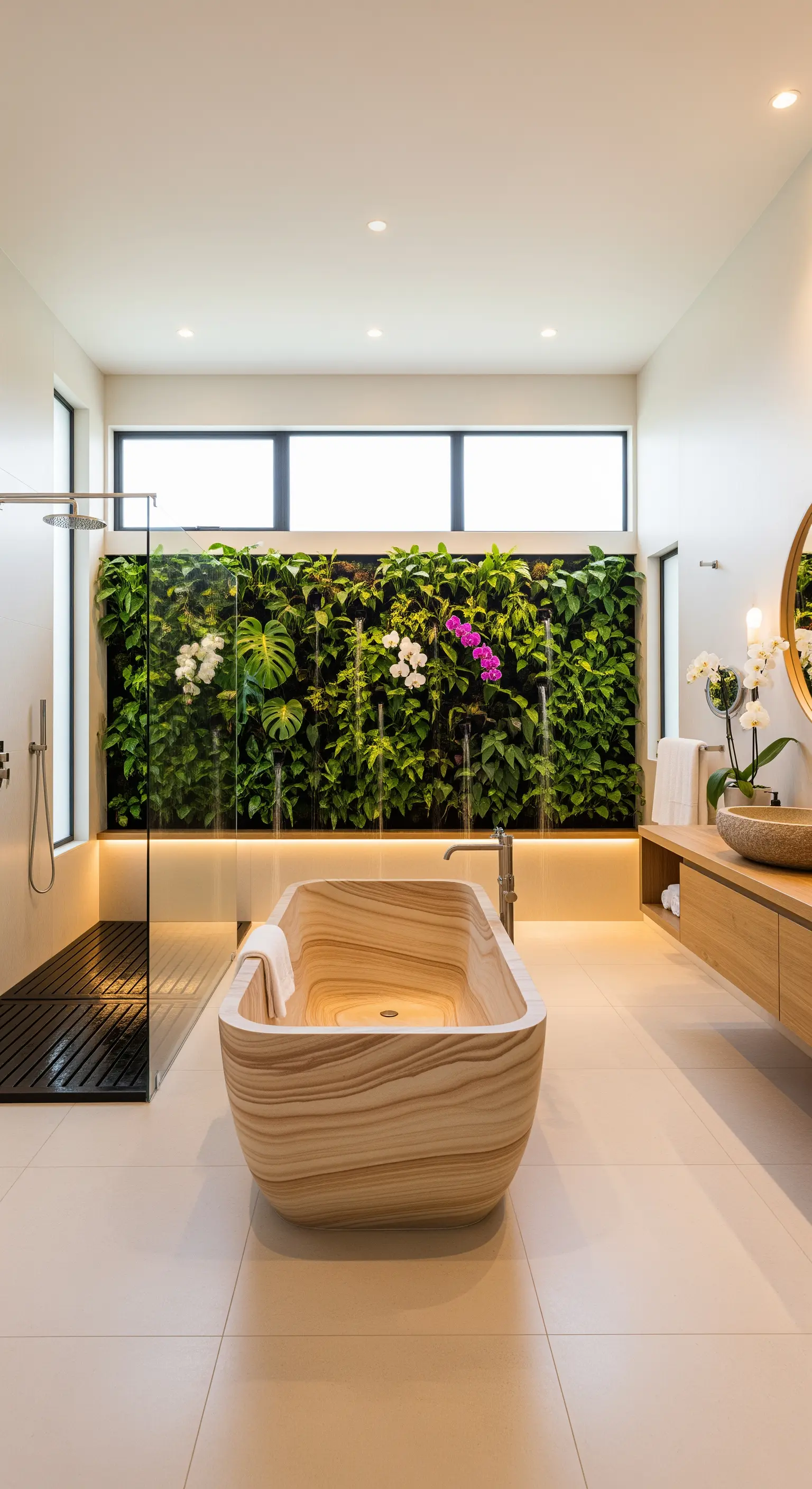 Badezimmer mit vollflächig begrünter Pflanzenwand hinter der Wanne