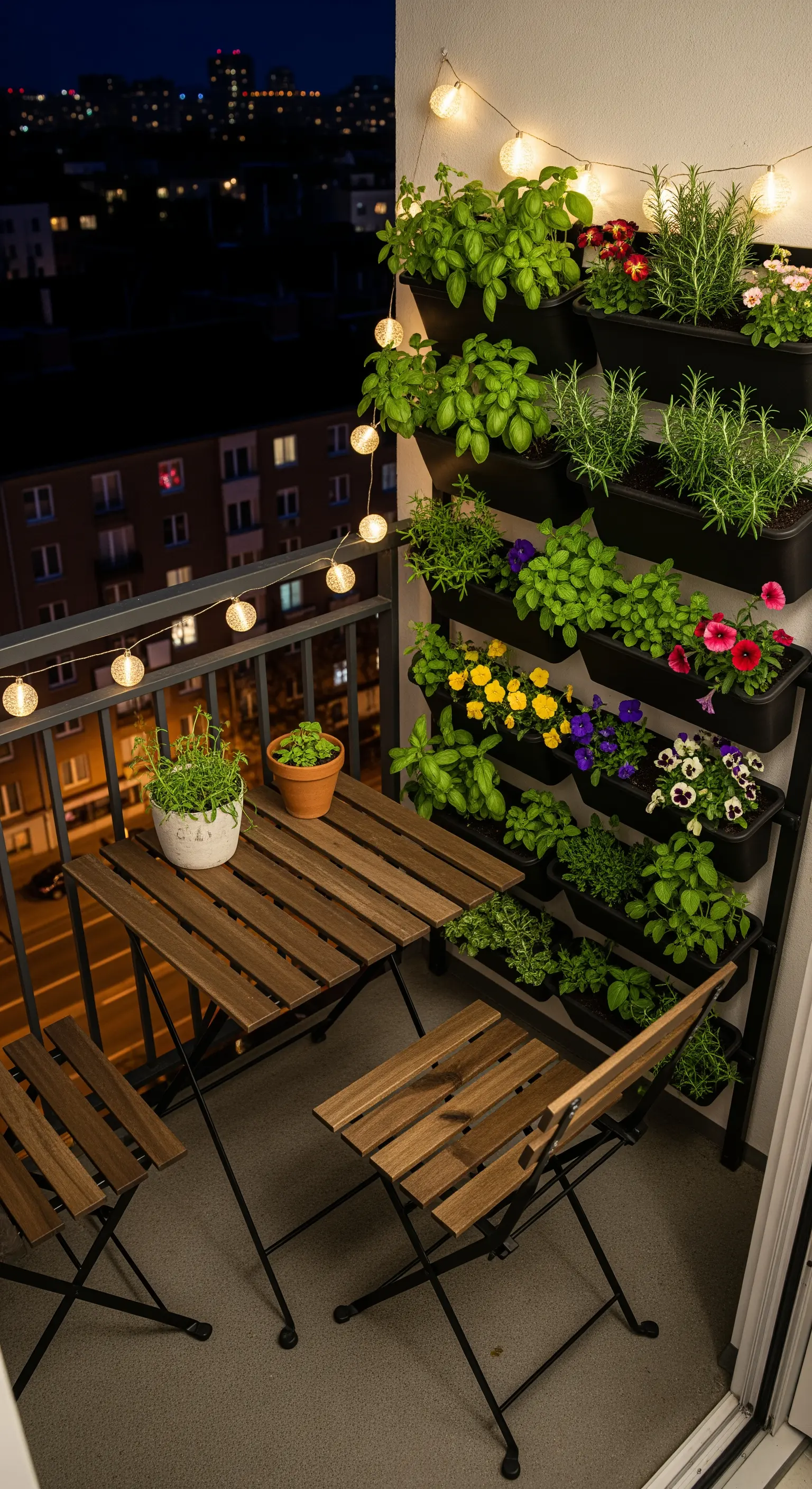 Kleiner Balkon mit vertikalem Pflanzsystem und Klapptisch