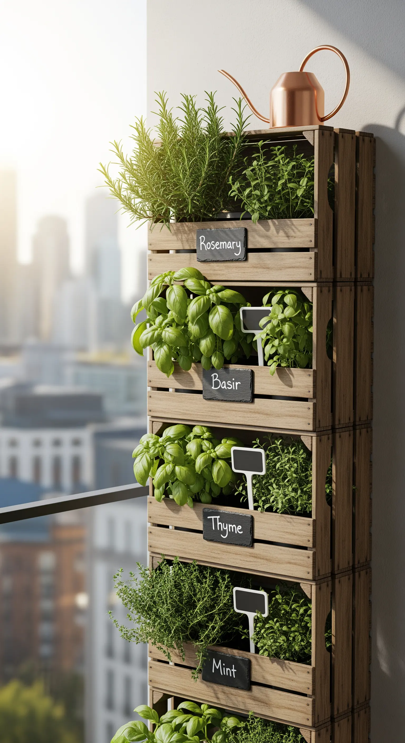 Gestapelte Holzkisten als vertikaler Kräutergarten