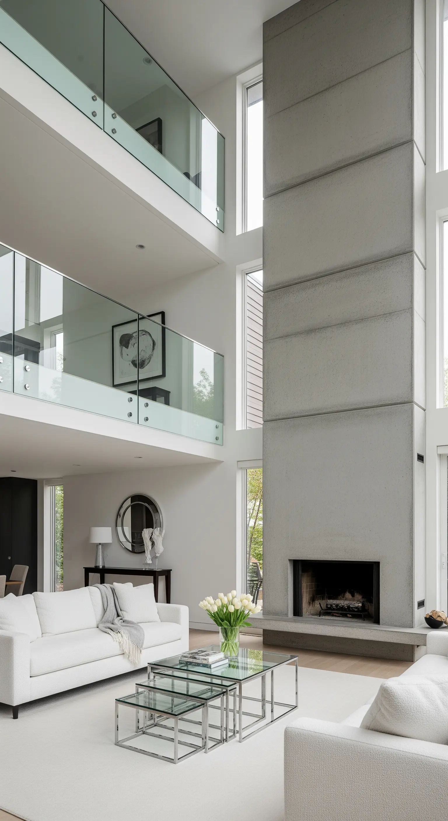 Hoher Kaminblock aus Beton im offenen Wohnraum