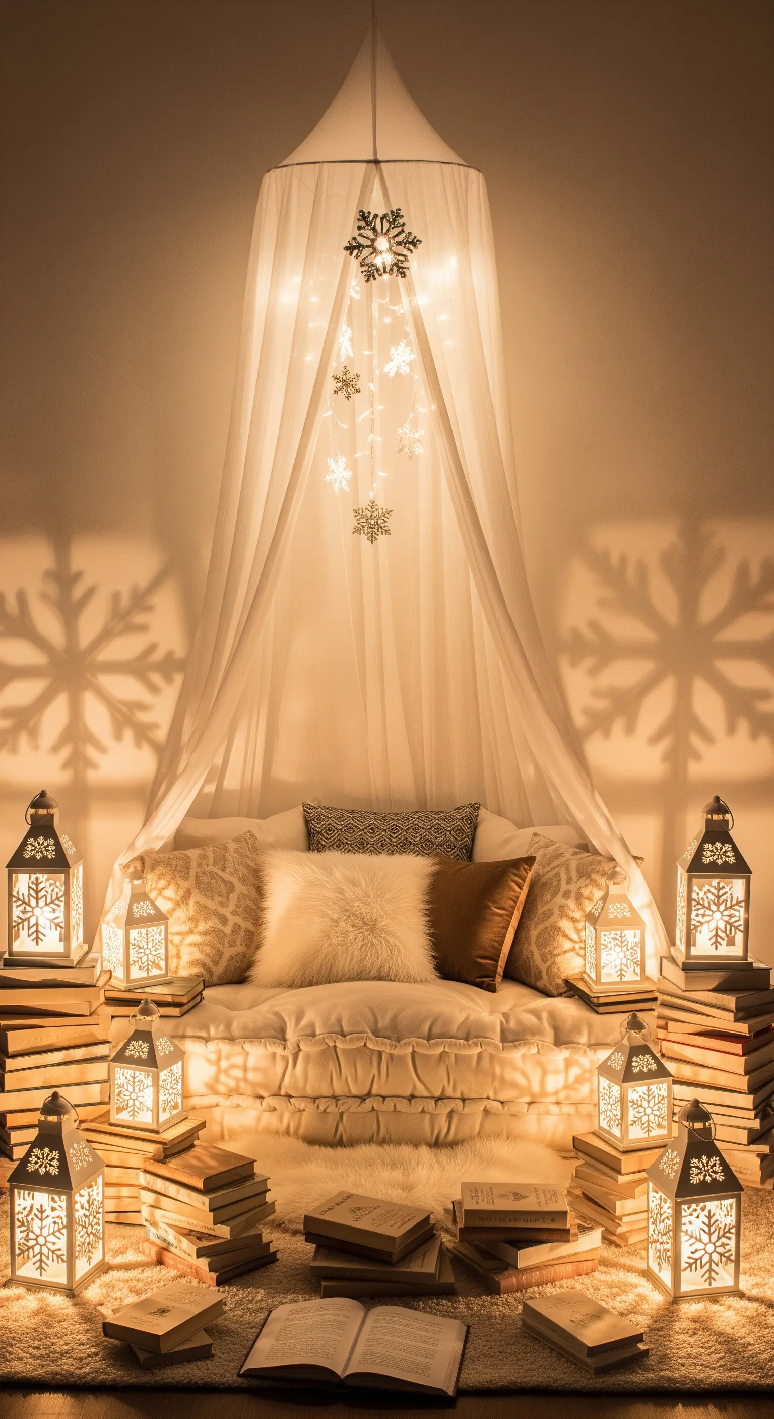 Bodenkissen unter weißem Baldachin mit integrierten Lichterketten