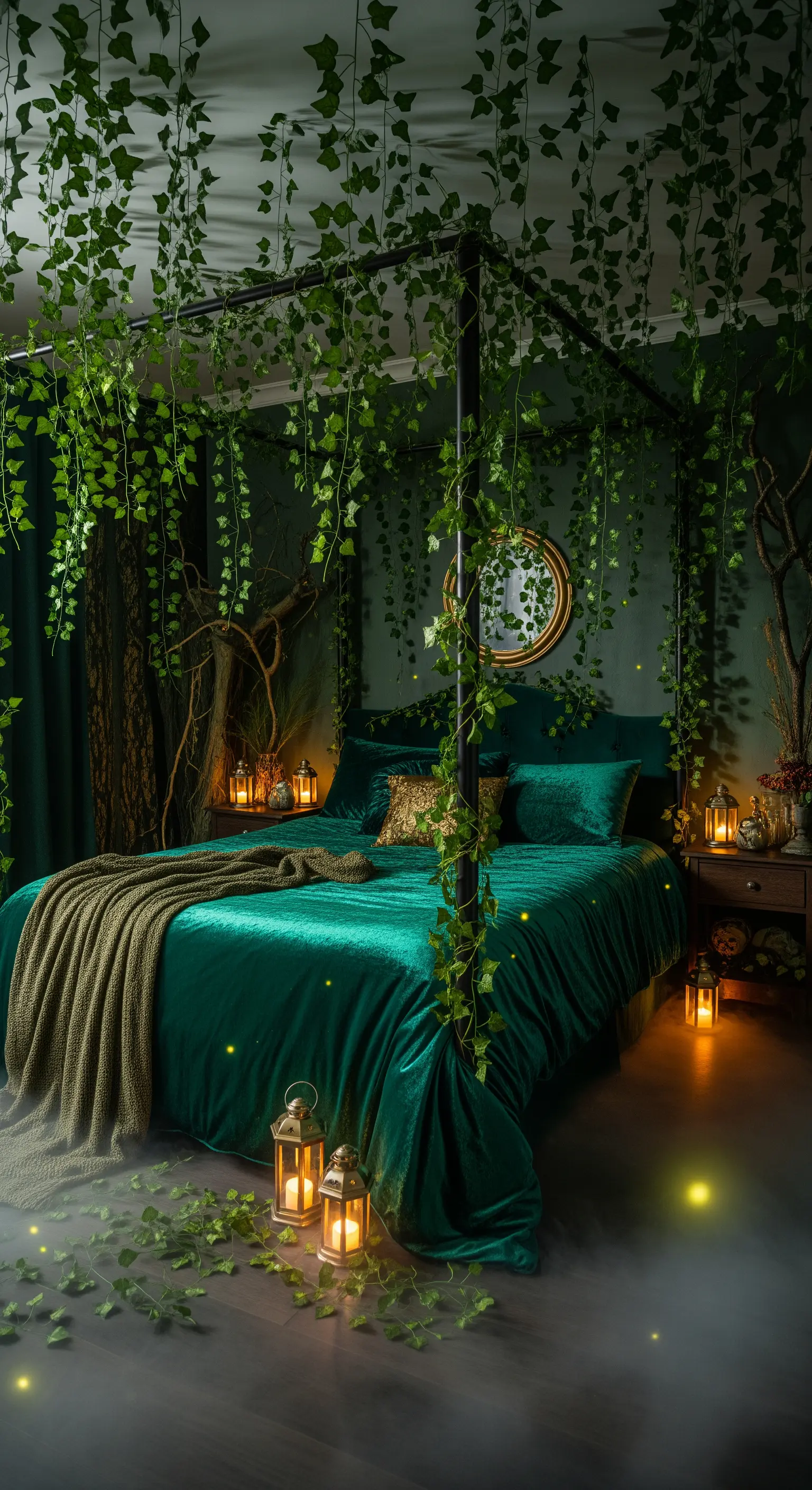 Himmelbett mit Efeuranken und grüner Samtbettwäsche