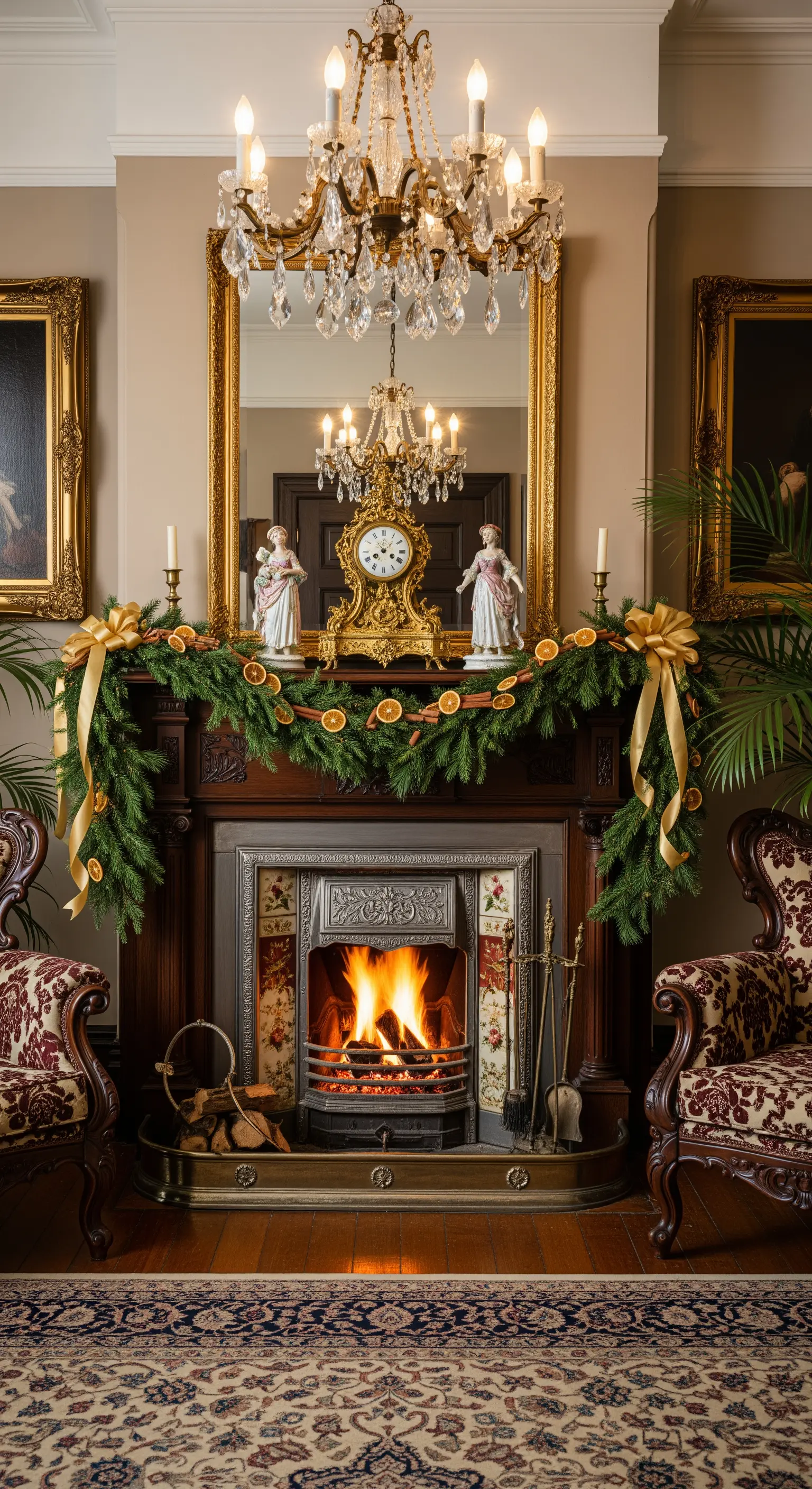 Antiker Kamin mit Girlande aus Tannengrün, getrockneten Orangen, Zimt und Porzellanfiguren.