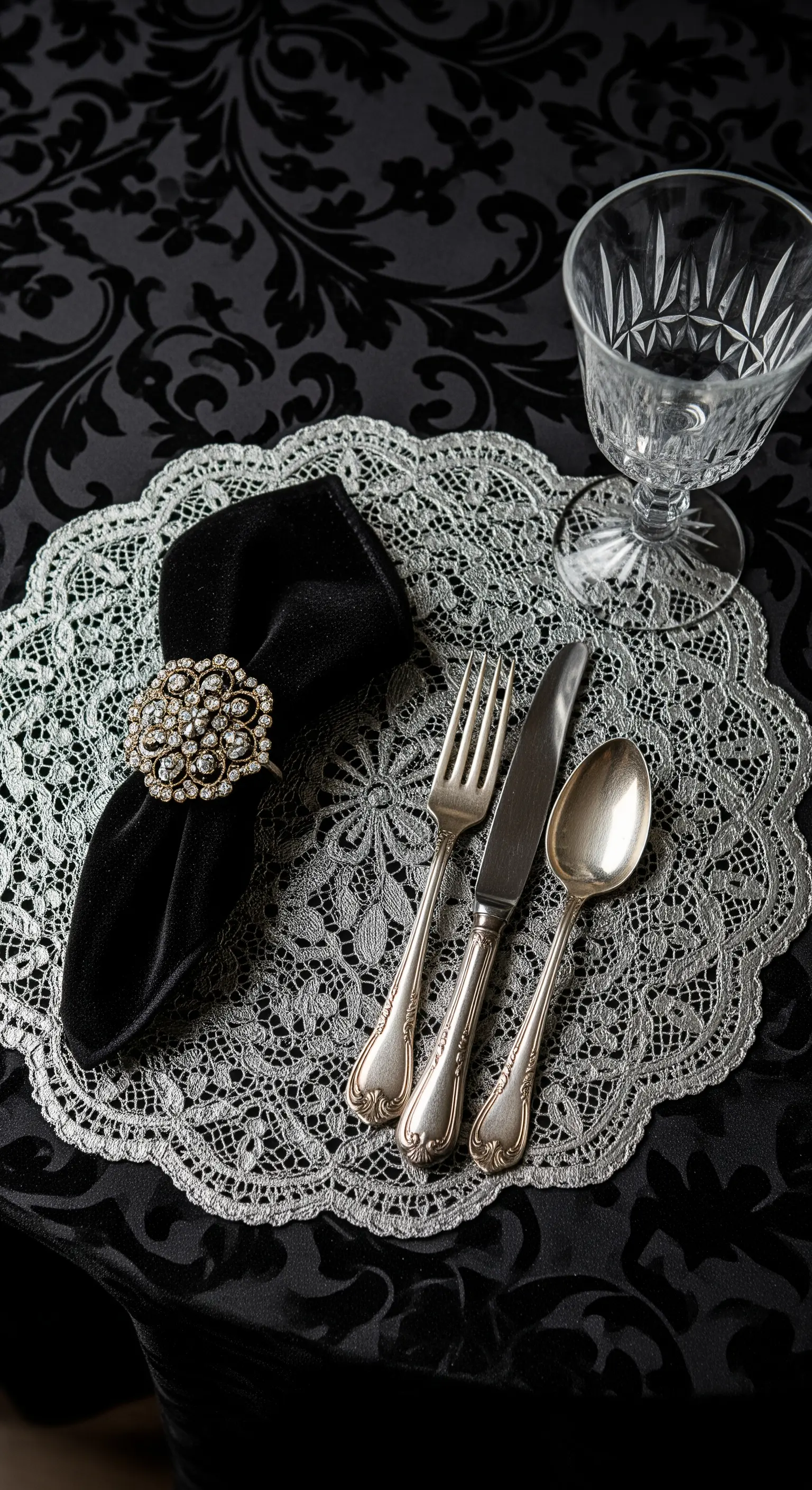 Schwarze Samtserviette mit Brosche auf Spitzendeckchen