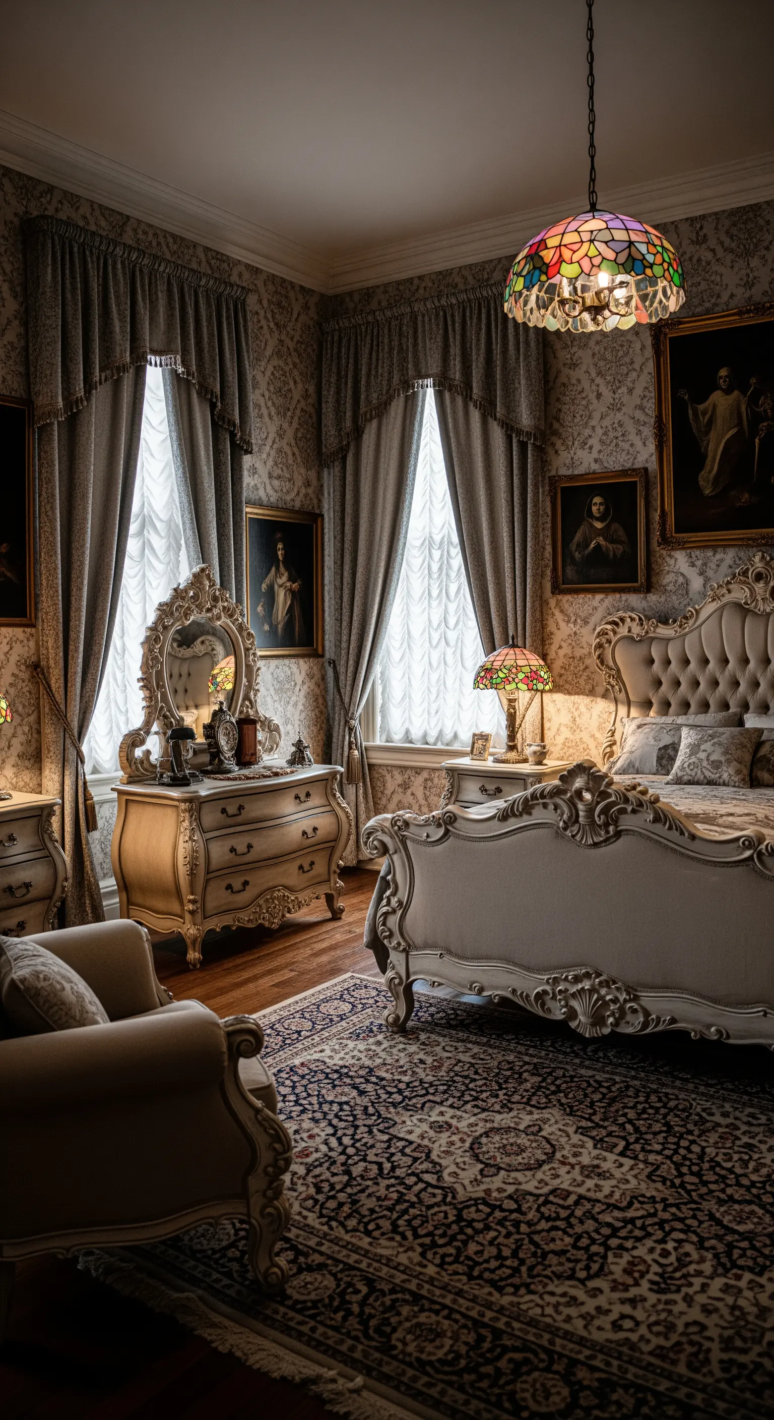 Vintage Schlafzimmer mit Tiffany-Lampe und schweren Vorhängen