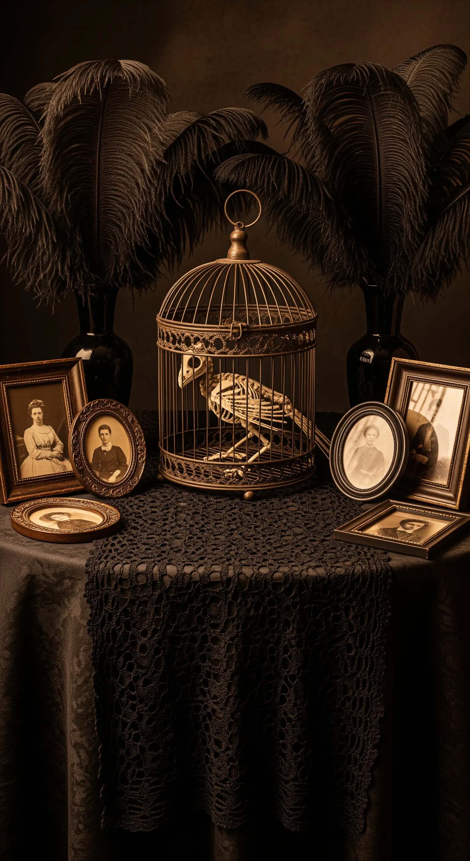 Vogelkäfig mit Skelett und schwarze Federn auf Spitzendecke