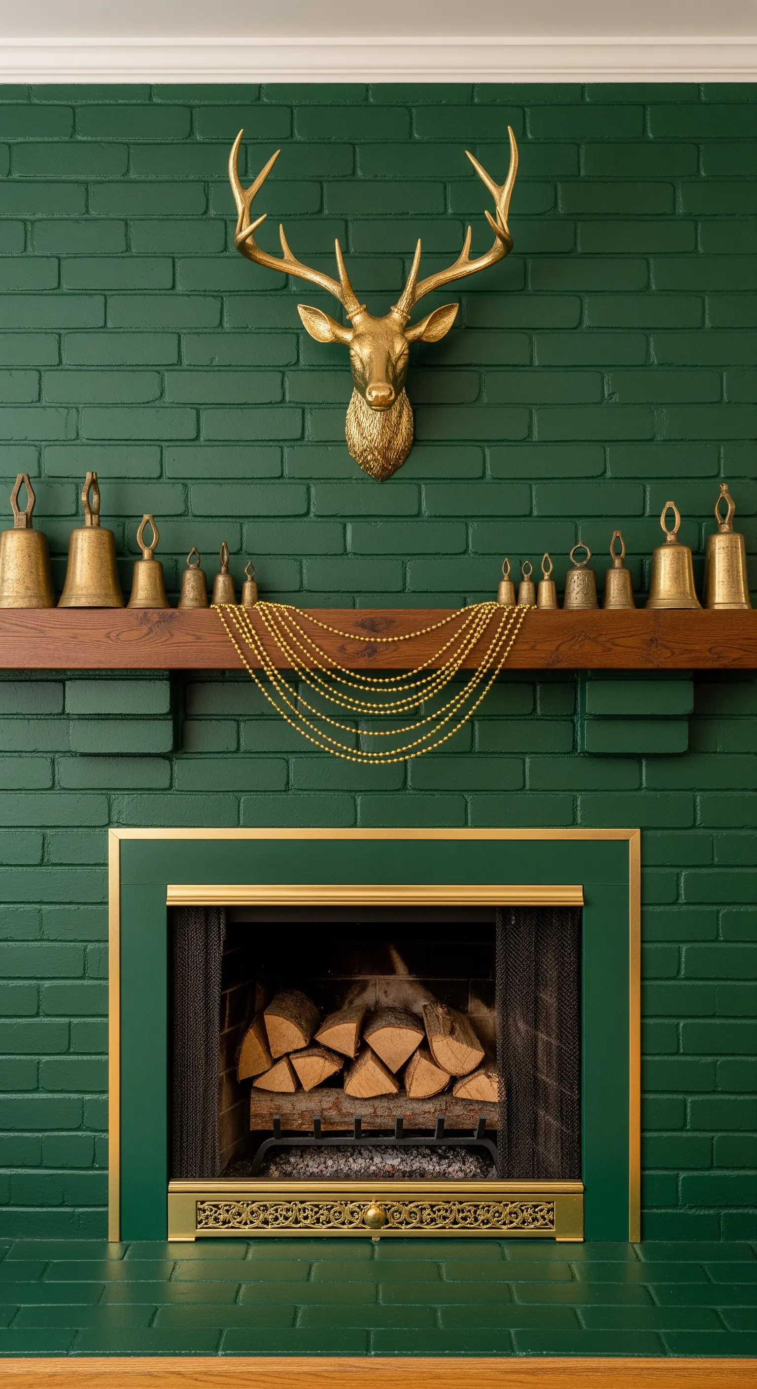 Grüne Ziegelwand mit goldenem Hirschkopf und einer Sammlung von Messingglocken auf dem Sims.
