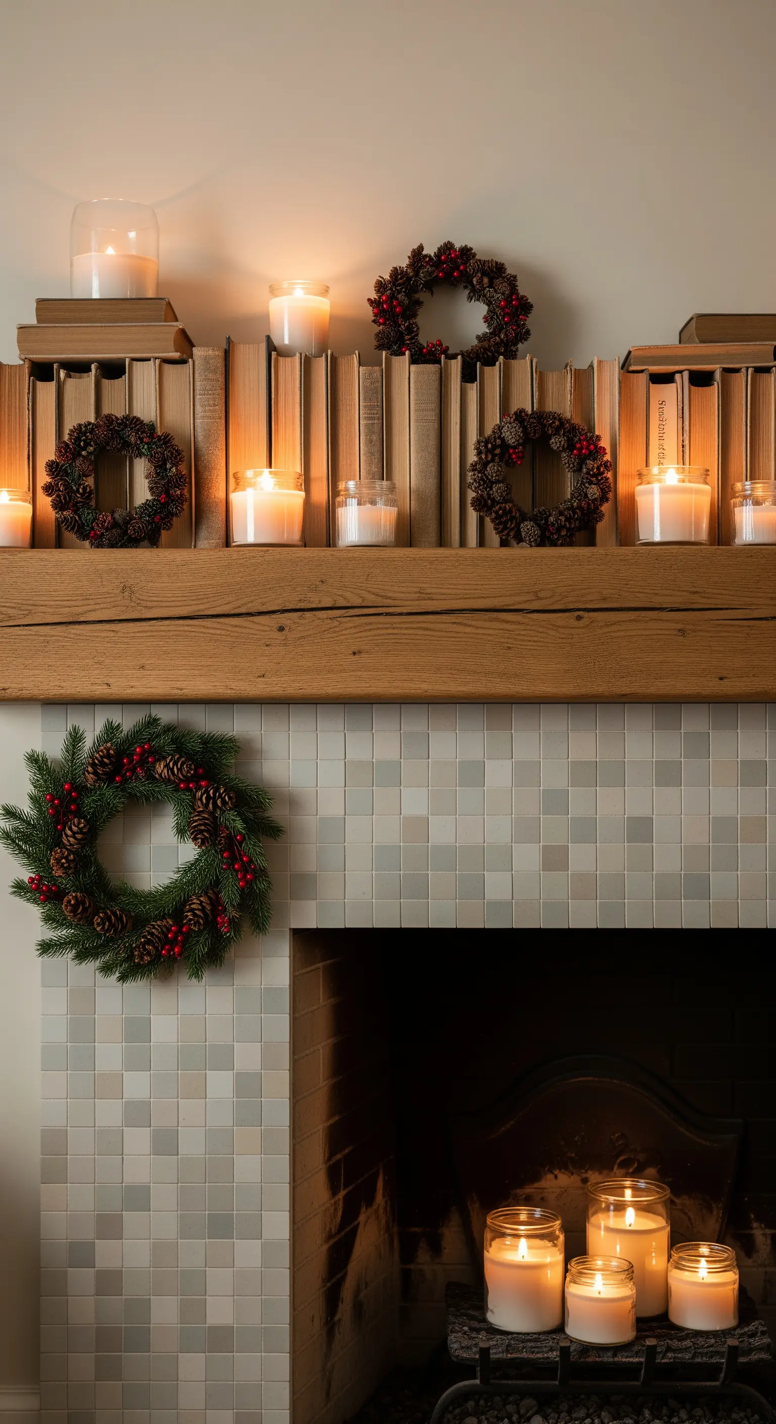 Umgedrehte Bücher und Zapfenkränze