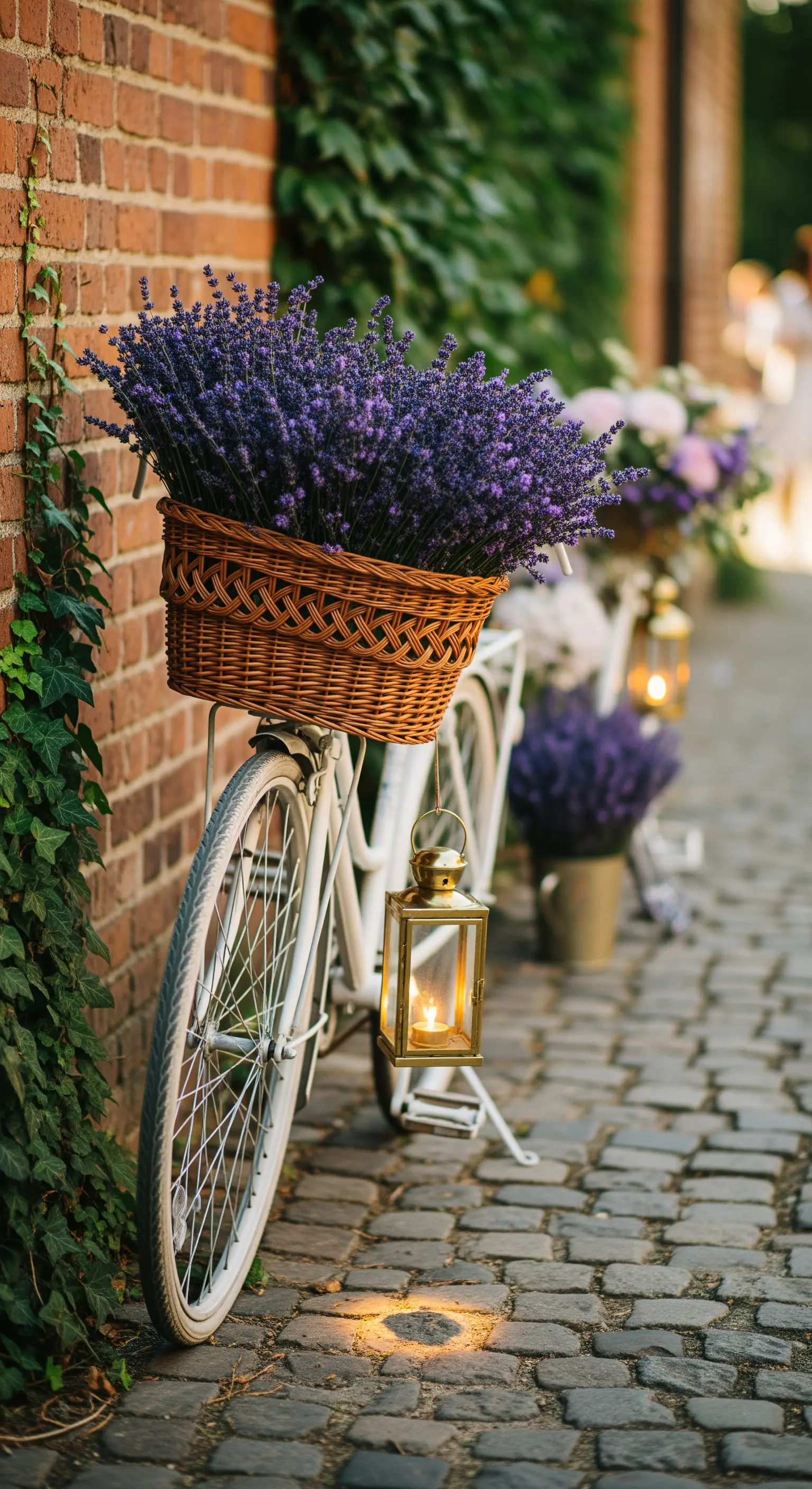Weißes Vintage-Fahrrad an Ziegelwand mit großem Korb voller Lavendel