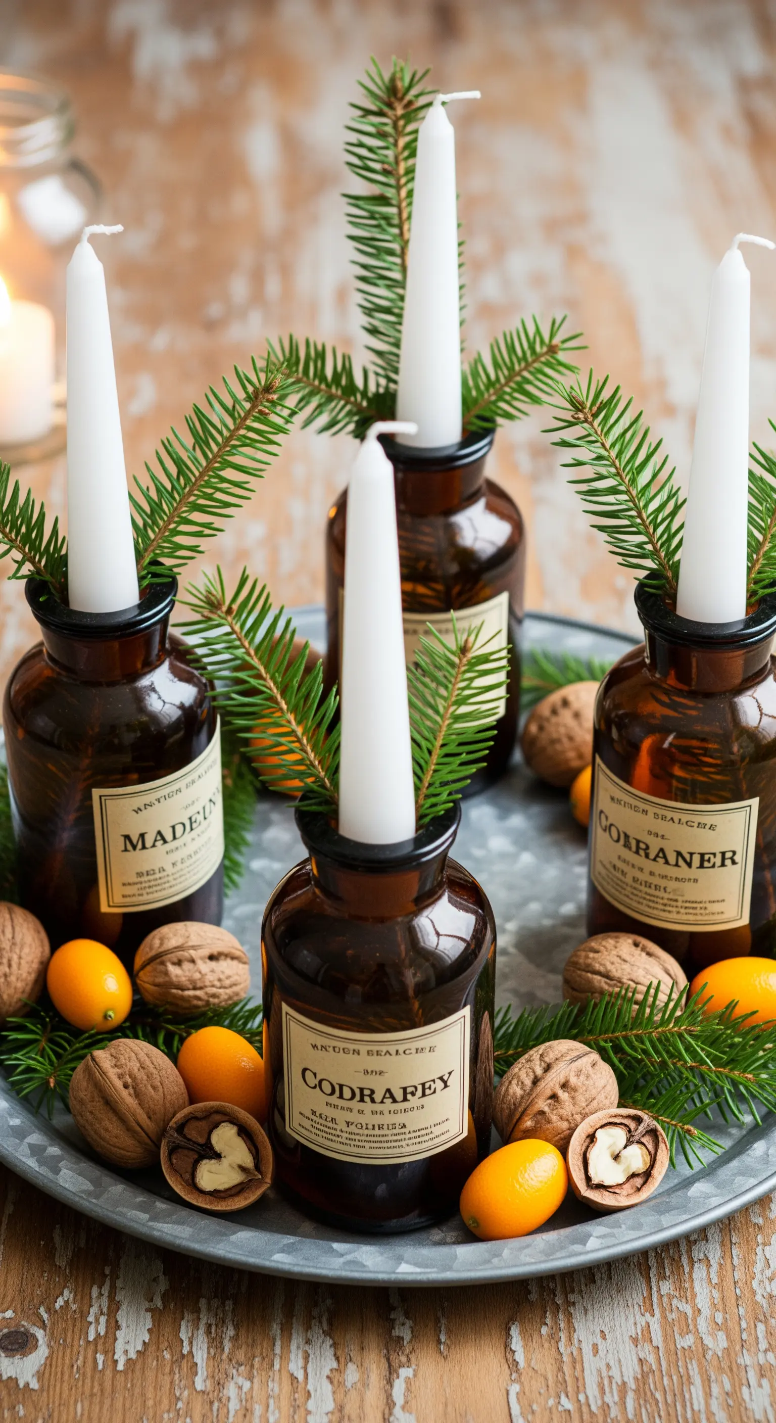 Braune Apothekerflaschen als Kerzenhalter mit Tannenzweig-Einsatz auf Metallteller