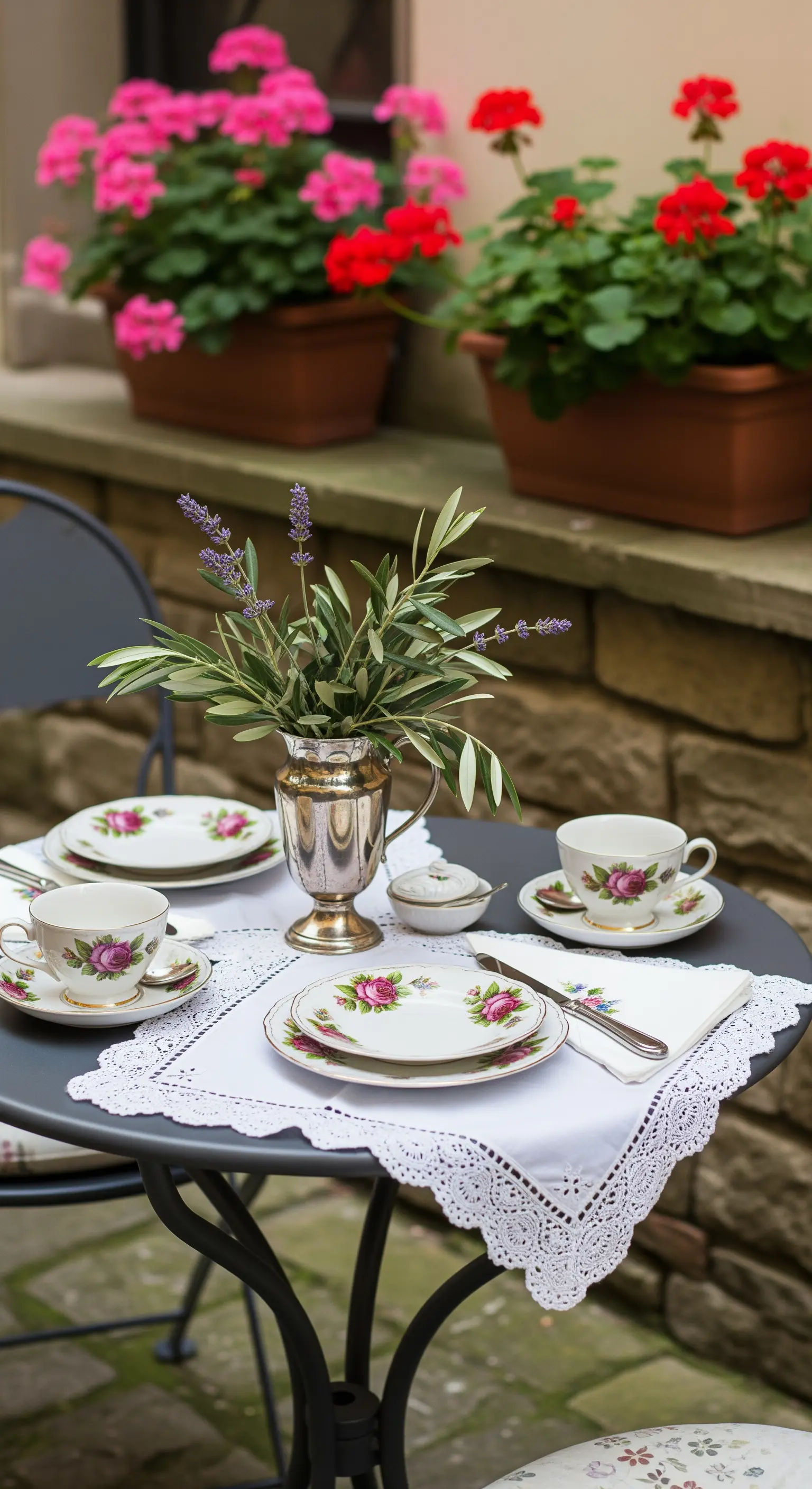 Vintage-Kaffeetisch mit Rosenporzellan und Silbervase