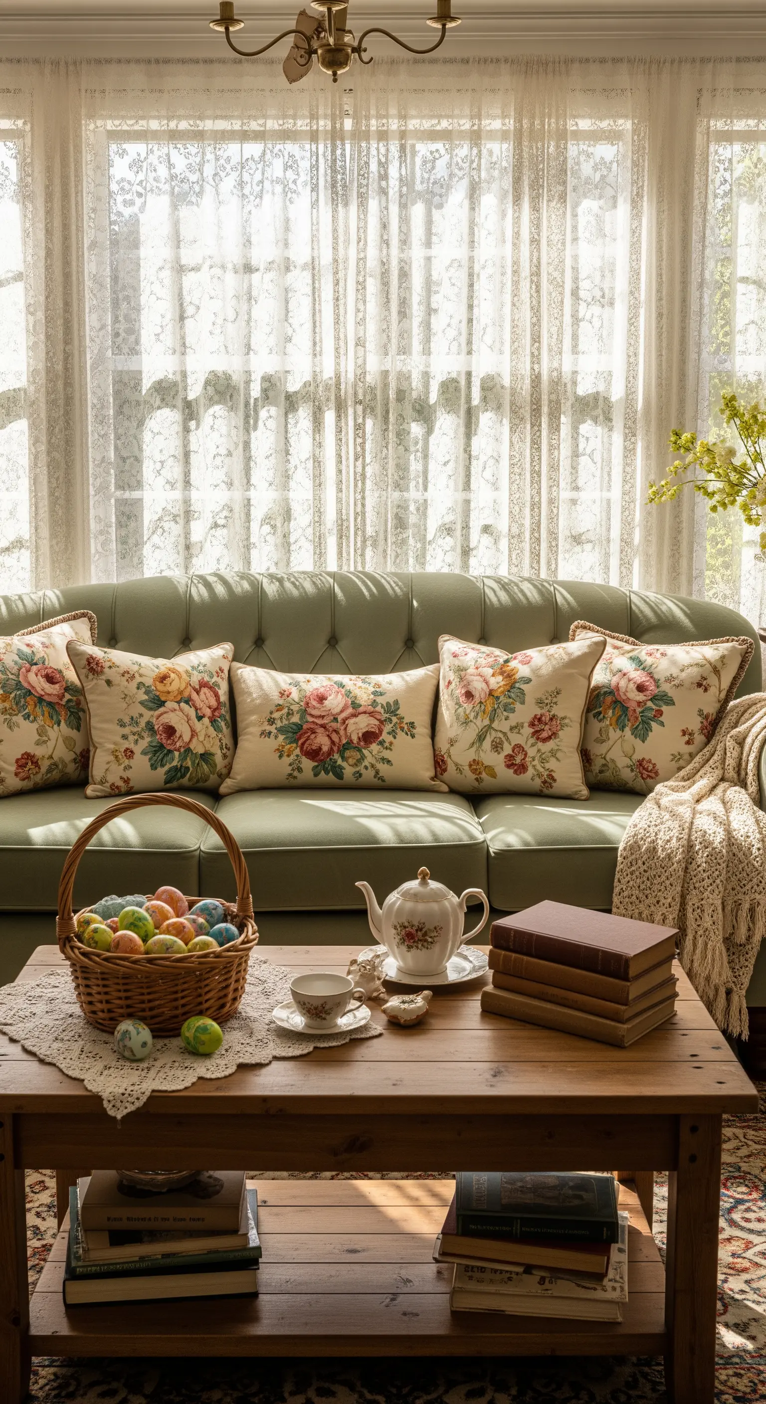 Grünes Samtsofa mit Blumenkissen und Ostereierkorb