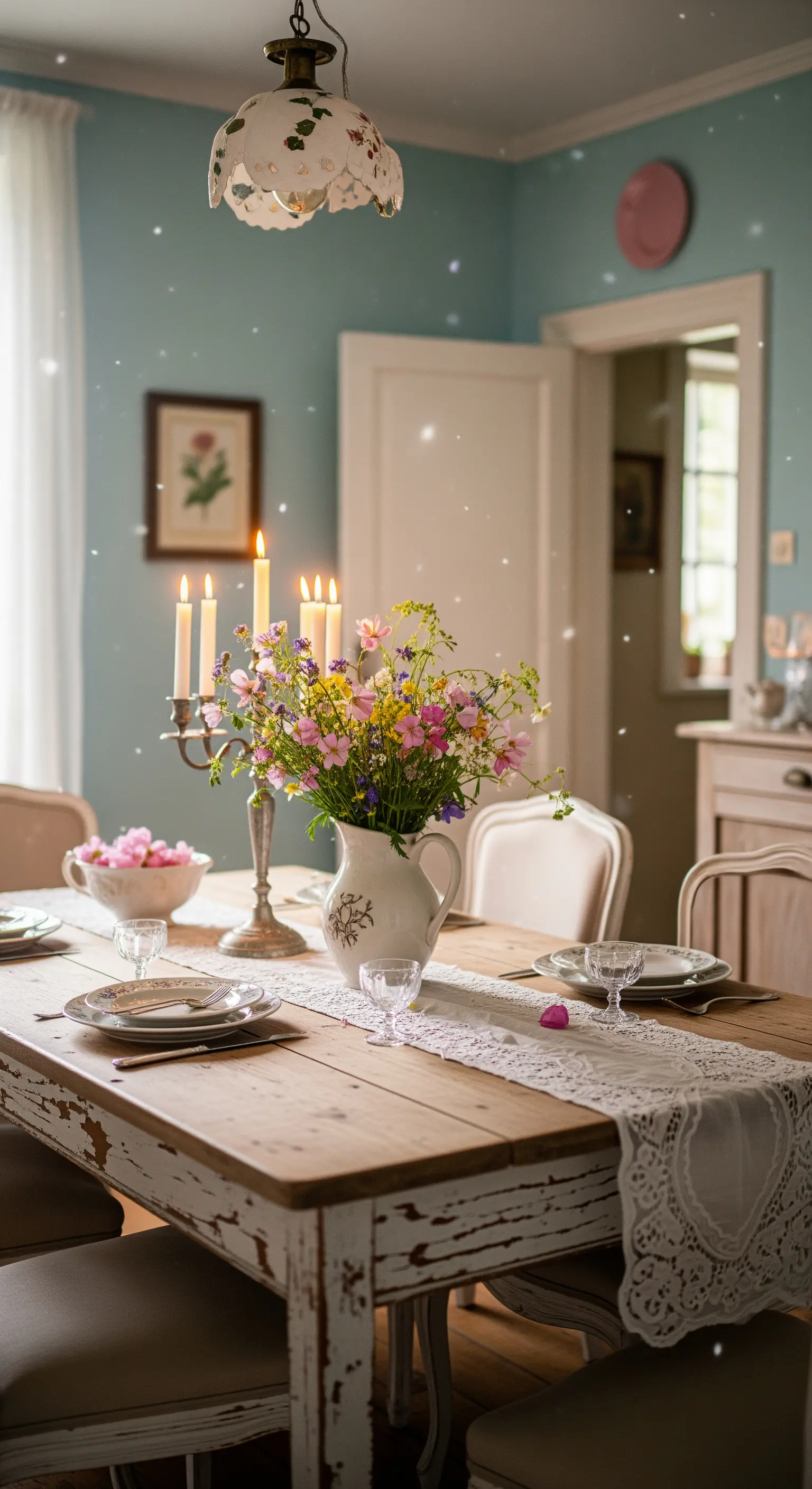 Nostalgisches Wohnzimmer mit Spitzen, Blumen und Tee