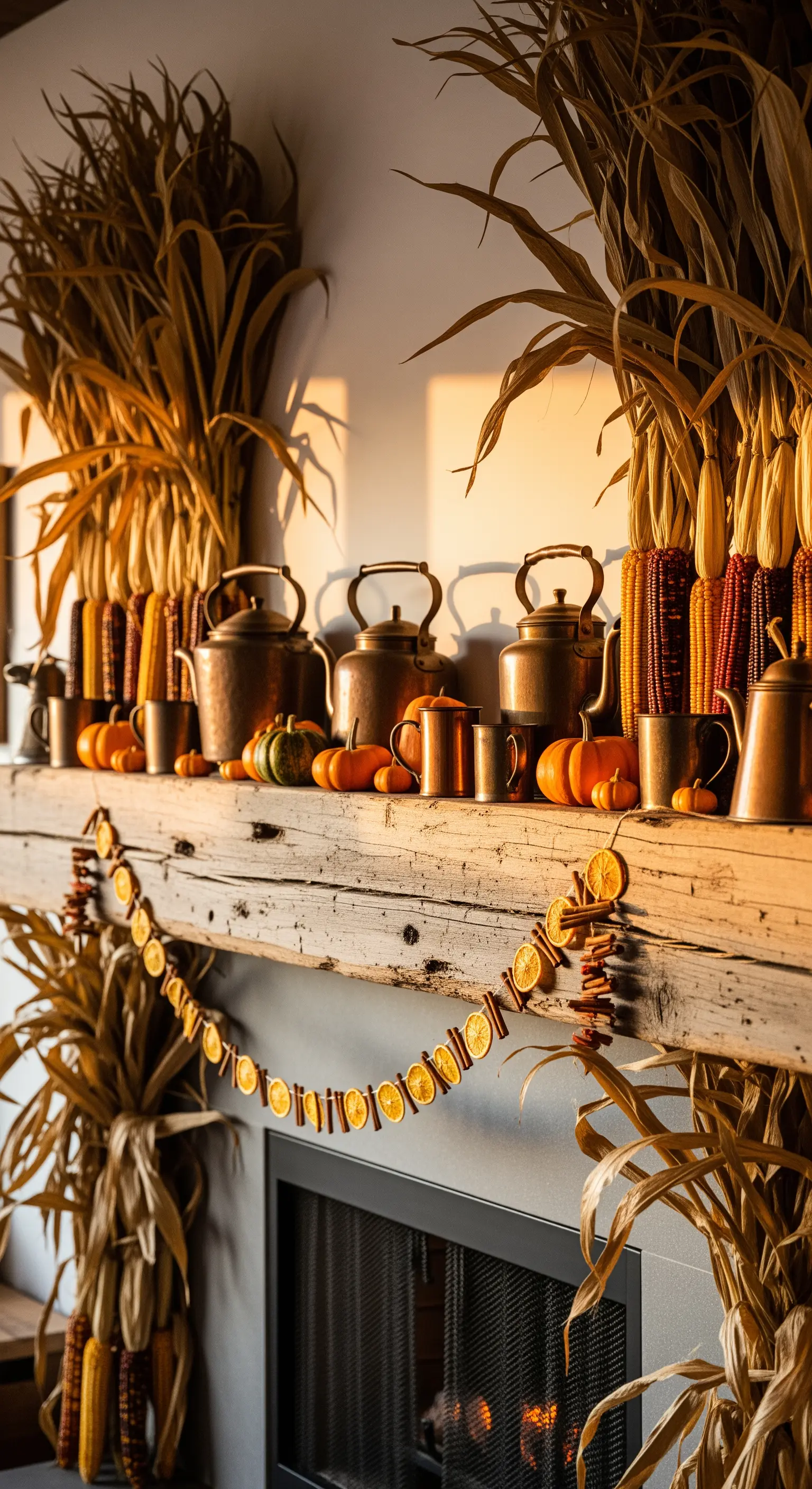 Kupferkannen und Maiskolben auf rustikalem Holzbalken