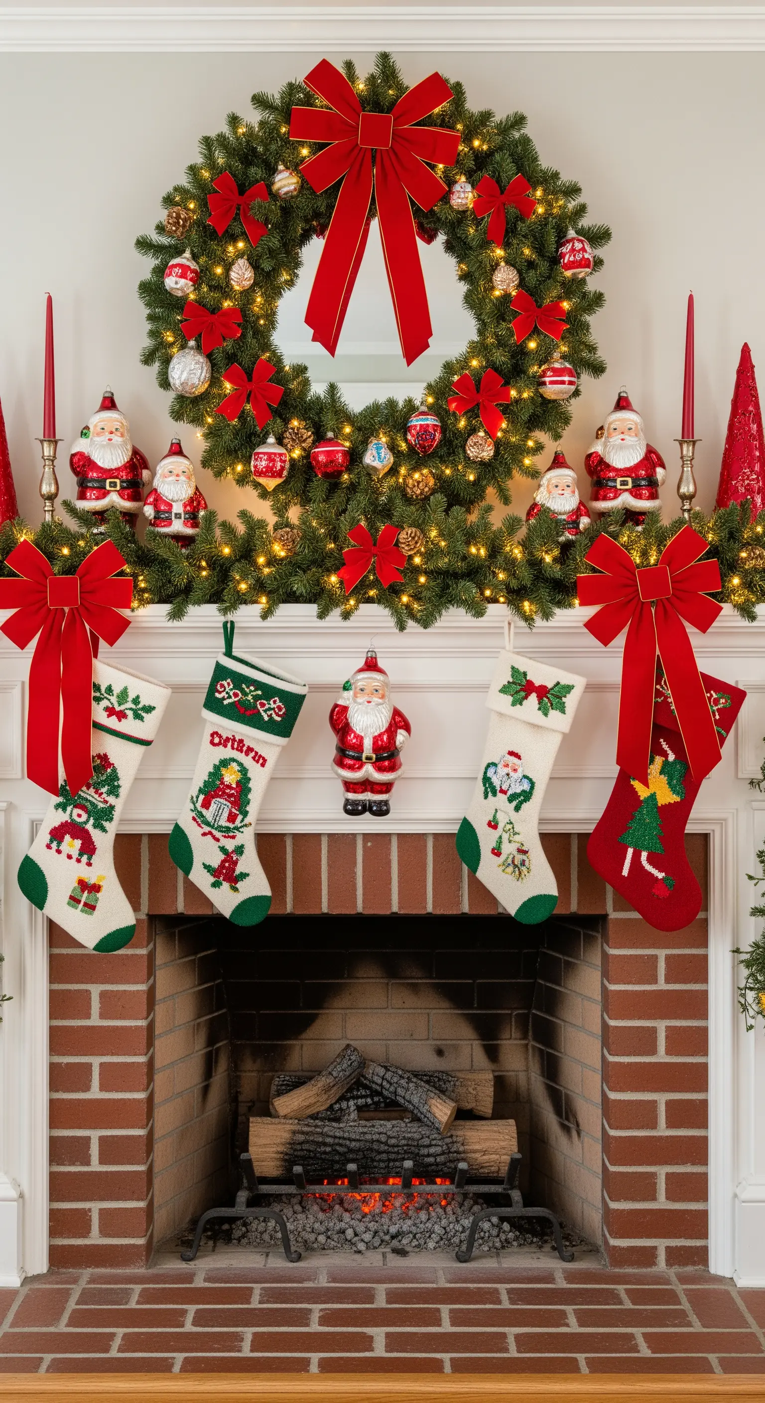 Klassischer Kamin mit großem Kranz, roter Schleife und Weihnachtsmann-Socken
