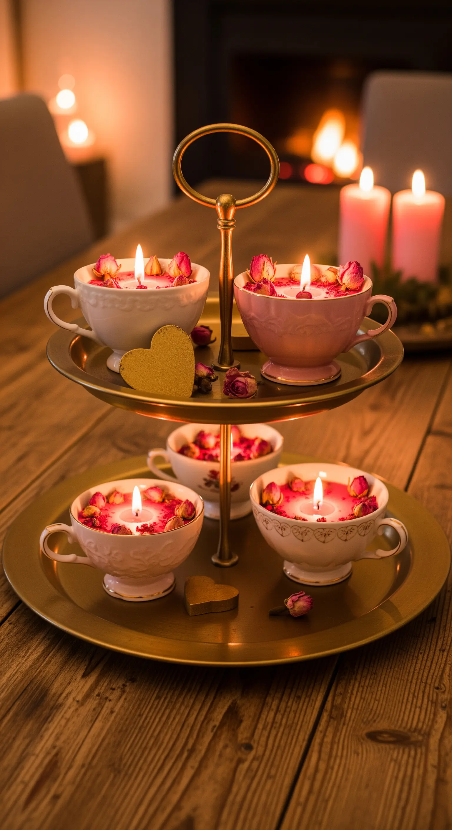 Teetassen mit Kerzenwachs und Rosenblüten auf Etagere